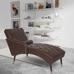 Chaise Lounge Arm Chair Indoor with Pillow and Solid Wood Legs, Leisure Accent Soft Chair with Tufted Back and Arm,Upholstered Chaise Couch Chair for Living Room, Bedroom,Dark Brown PU