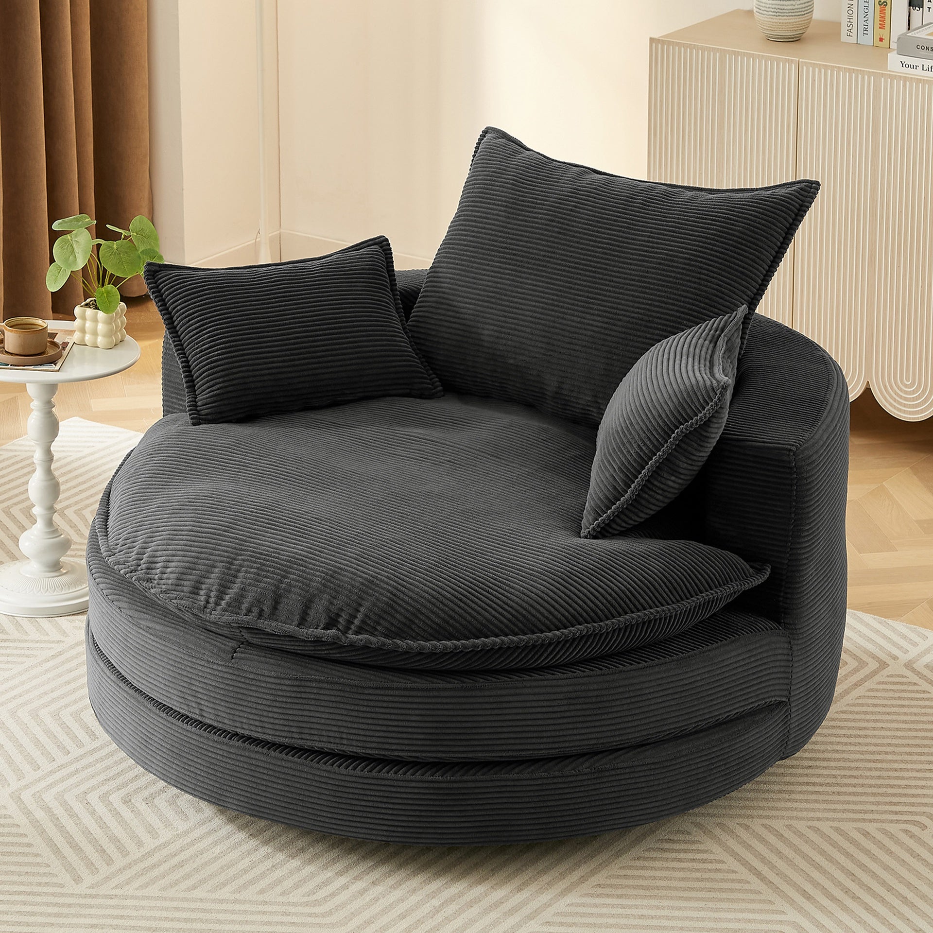 360° Swivel Sofa Chair Accent Barrel Chair 57.5"  Swivel Round Chair with Dual-layer Cushion Design and 3 Removable Pillows for Living Room, Bedroom, Office and Hotel, Black