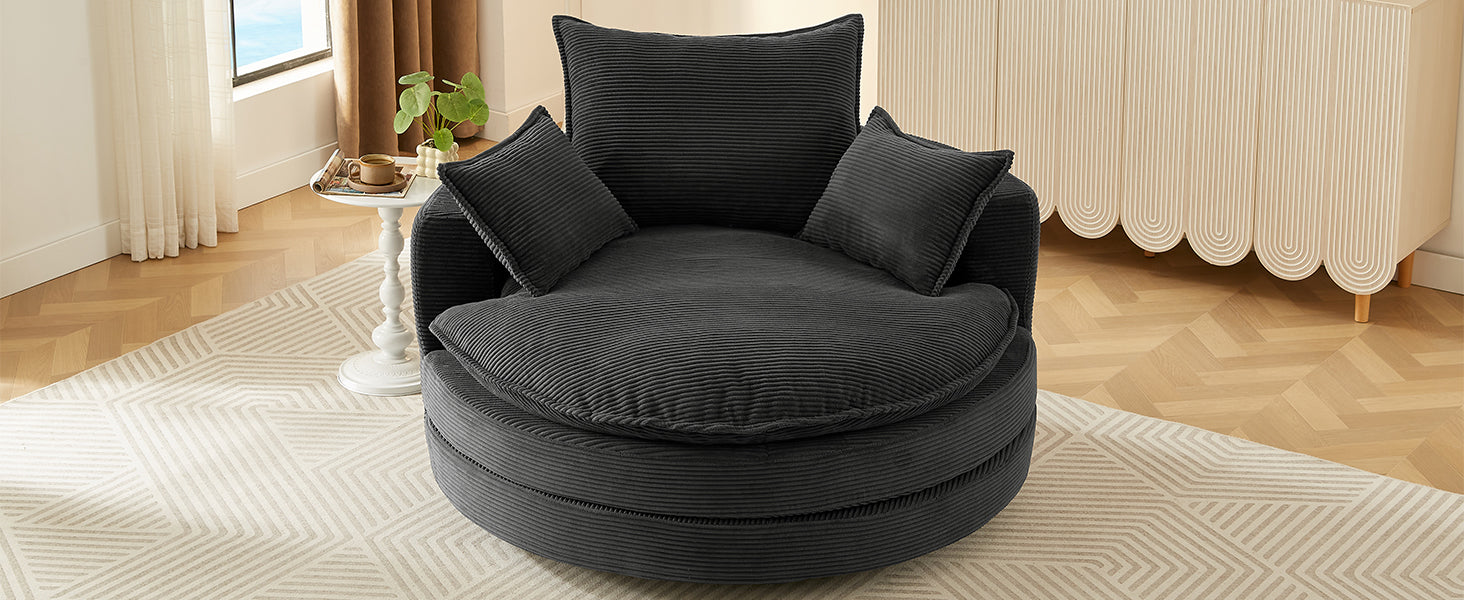 360° Swivel Sofa Chair Accent Barrel Chair 57.5"  Swivel Round Chair with Dual-layer Cushion Design and 3 Removable Pillows for Living Room, Bedroom, Office and Hotel, Black