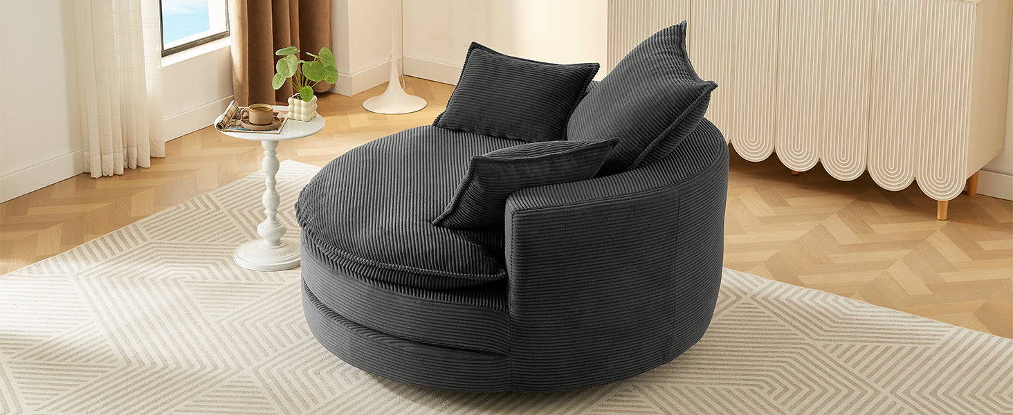 360° Swivel Sofa Chair Accent Barrel Chair 57.5"  Swivel Round Chair with Dual-layer Cushion Design and 3 Removable Pillows for Living Room, Bedroom, Office and Hotel, Black
