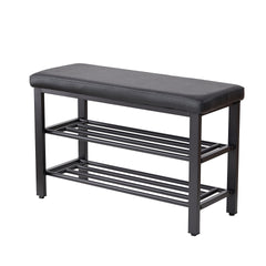 Small Shoe Bench, 3-Tier Shoe Rack, Shoe Storage Bench with PU Seat Cushion, Entryway Shoe Rack Bench with Metal Mesh Shelves, Freestanding Shoe Organizer for Hallway