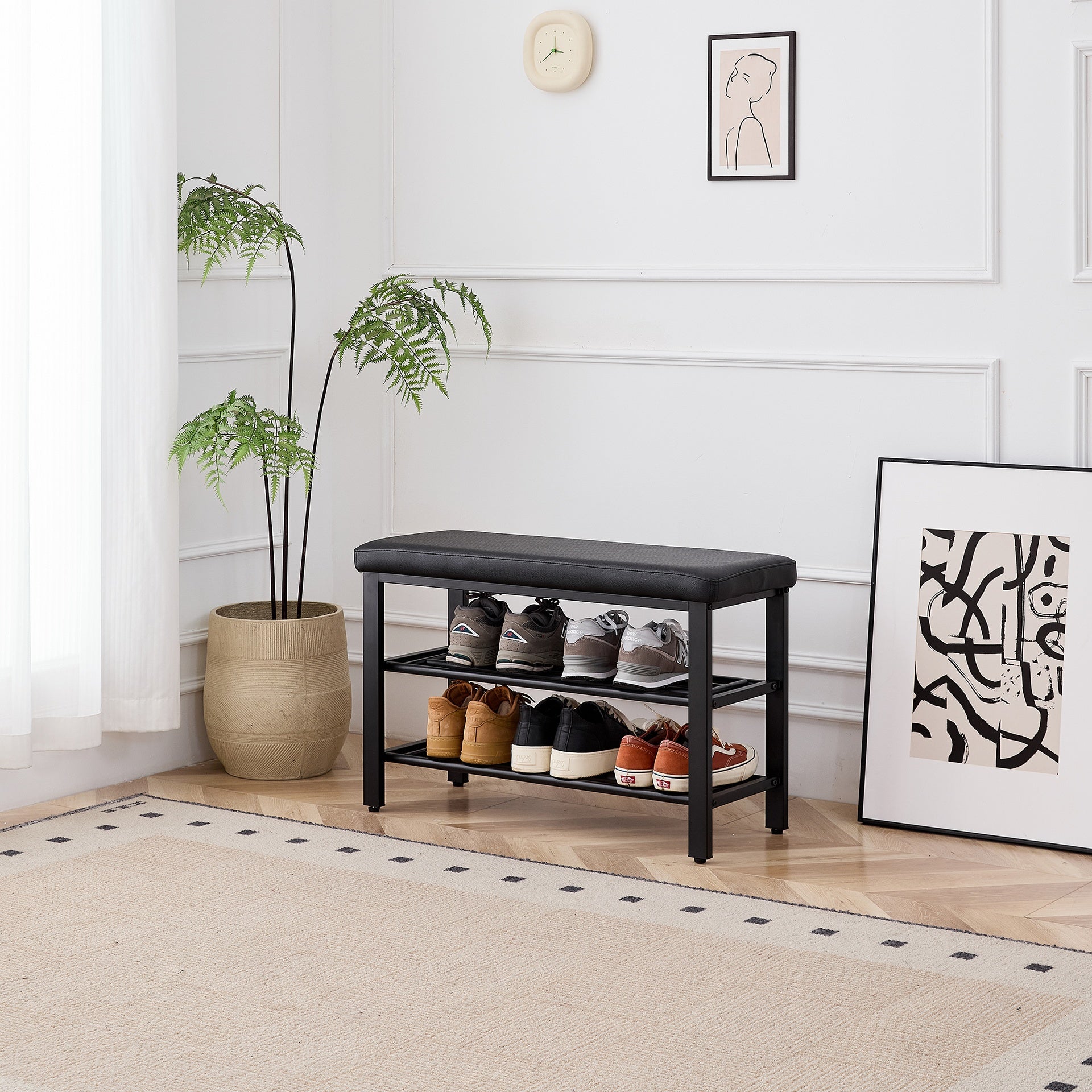 Small Shoe Bench, 3-Tier Shoe Rack, Shoe Storage Bench with PU Seat Cushion, Entryway Shoe Rack Bench with Metal Mesh Shelves, Freestanding Shoe Organizer for Hallway