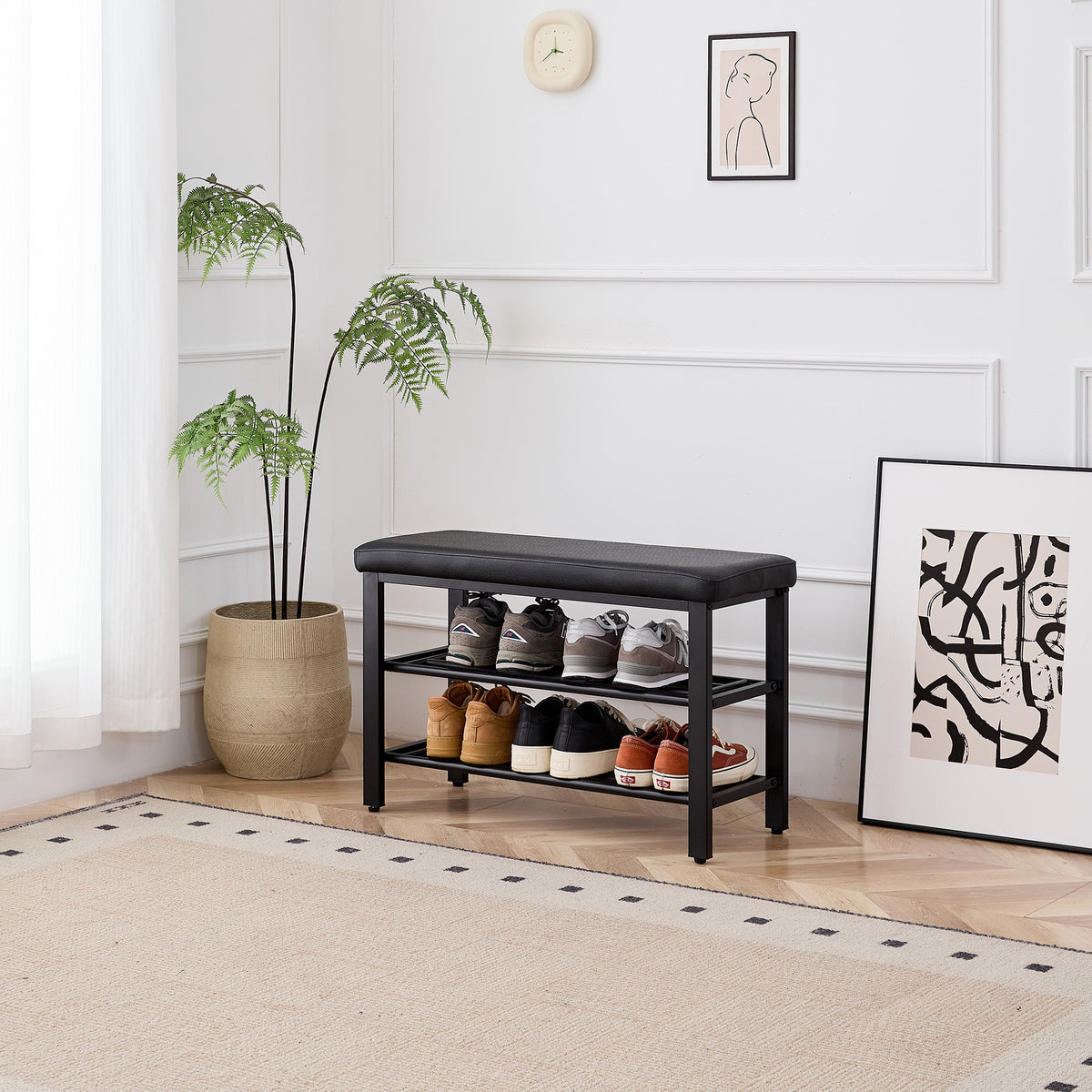 Small Shoe Bench, 3-Tier Shoe Rack, Shoe Storage Bench with PU Seat Cushion, Entryway Shoe Rack Bench with Metal Mesh Shelves, Freestanding Shoe Organizer for Hallway