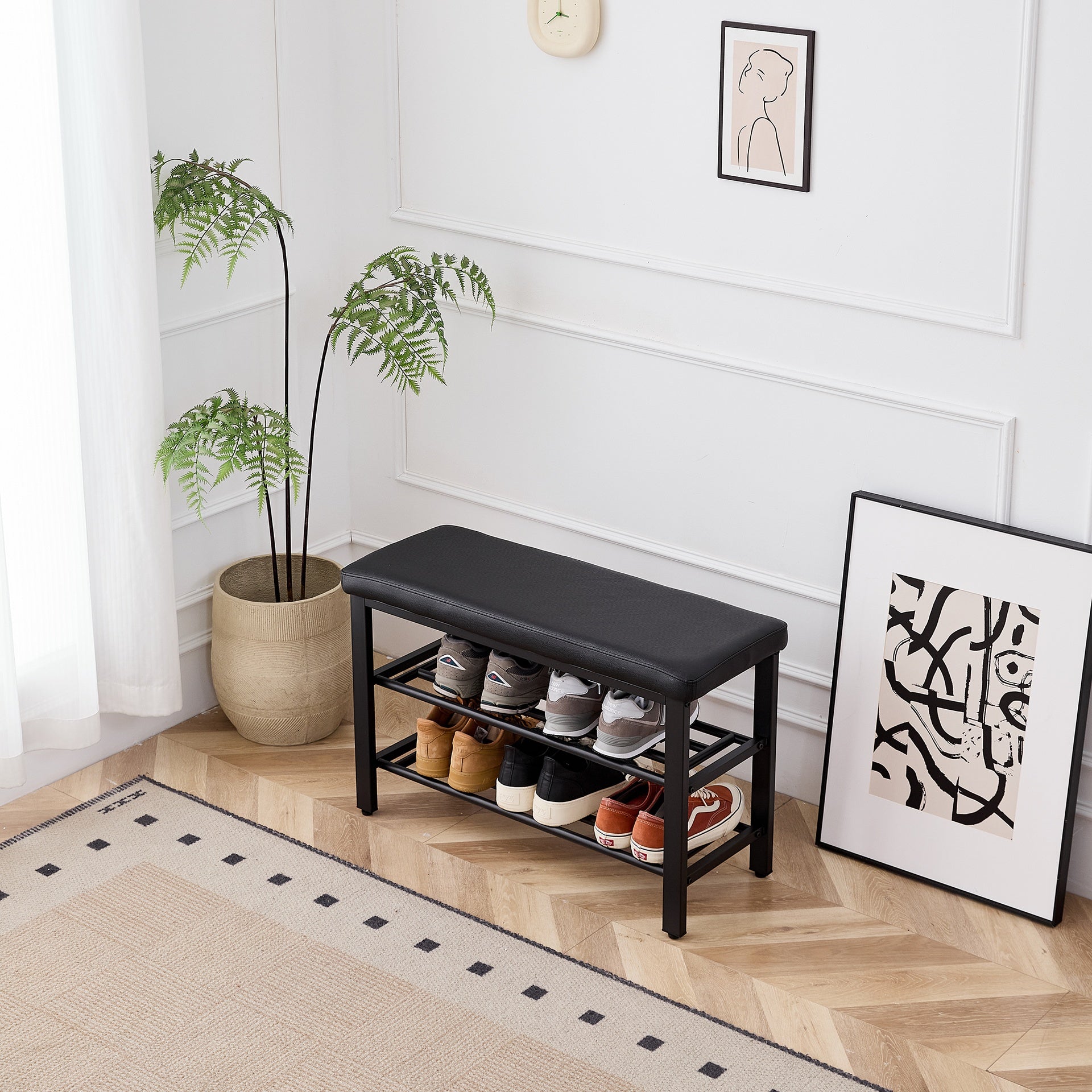 Small Shoe Bench, 3-Tier Shoe Rack, Shoe Storage Bench with PU Seat Cushion, Entryway Shoe Rack Bench with Metal Mesh Shelves, Freestanding Shoe Organizer for Hallway