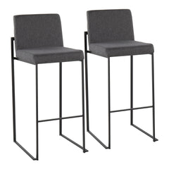 Fuji Contemporary High Back Barstool in Black Steel and Charcoal Fabric by LumiSource - Set of 2