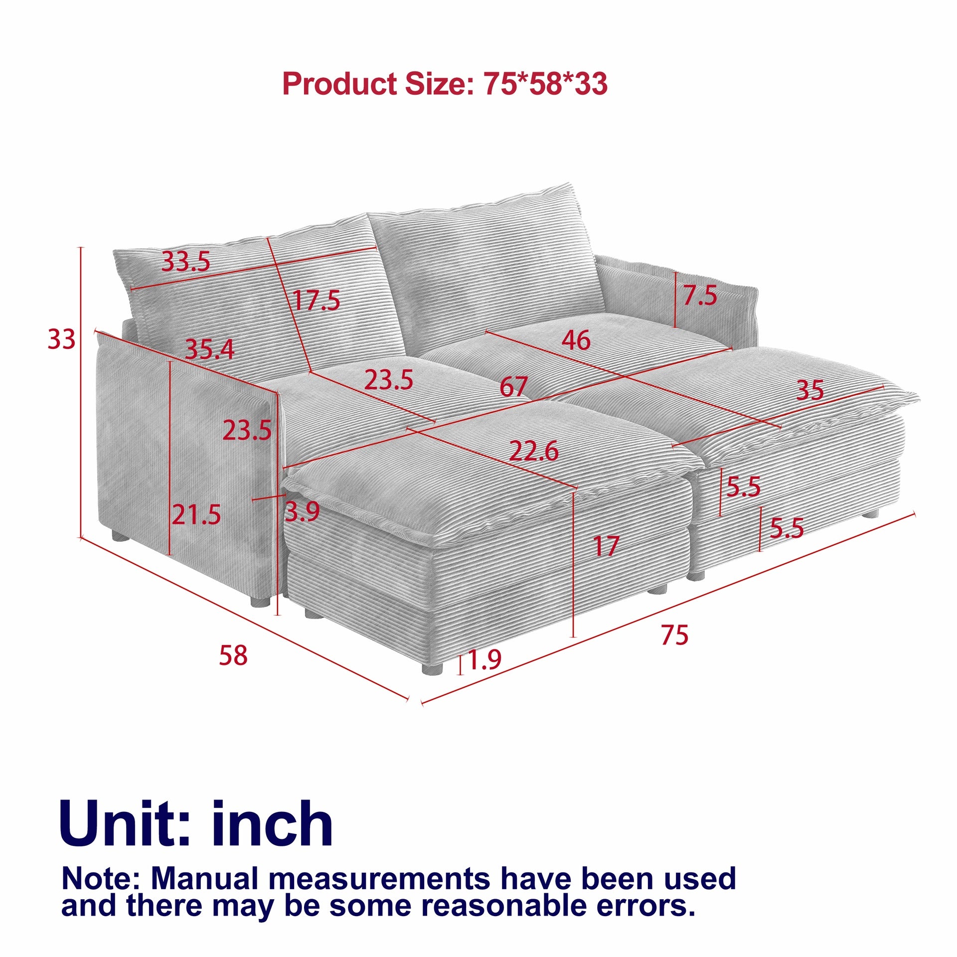 Corduroy fabric 2-seater comfortable cloud sofa with 2 movable footrests for living room, oversized deep-seat recliner, upholstered large-size deep-seat sofa with 2 cushions