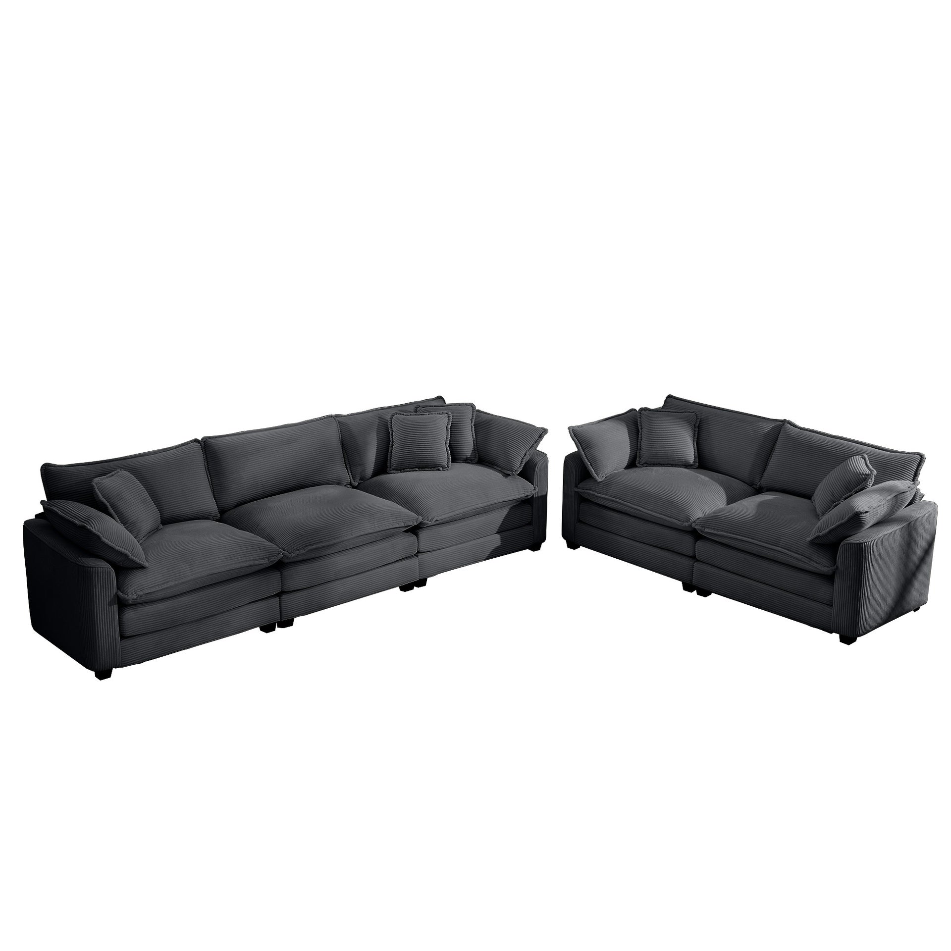 Modern Fabric Living Room Sofa Two Piece Set, Two 2-Seater Sofas with 8 Cushion Upholstery Large Deep Seat Recliner, Grey Corduroy Fabric