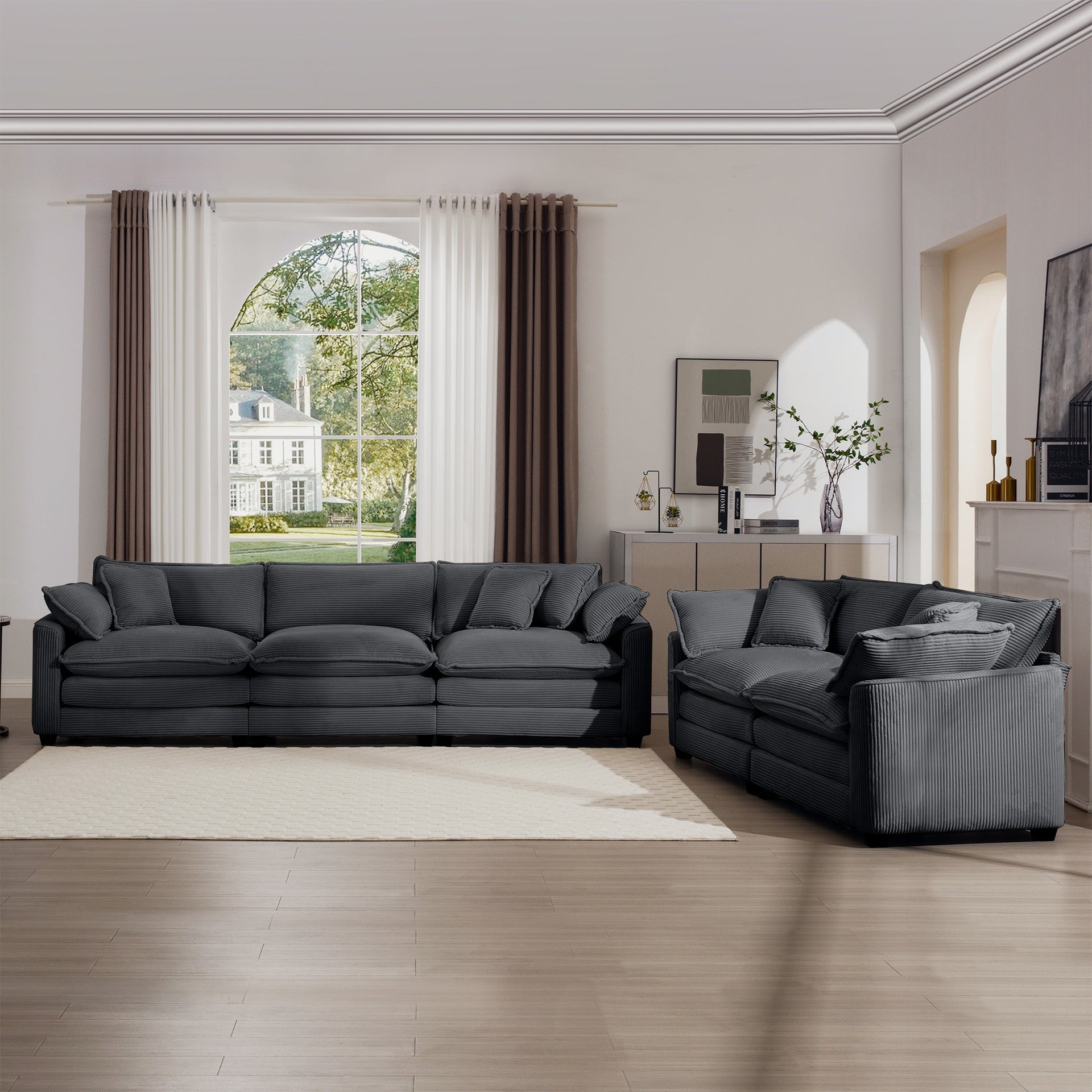 Modern Fabric Living Room Sofa Two Piece Set, Two 2-Seater Sofas with 8 Cushion Upholstery Large Deep Seat Recliner, Grey Corduroy Fabric