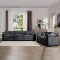 Modern Fabric Living Room Sofa Two Piece Set, Two 2-Seater Sofas with 8 Cushion Upholstery Large Deep Seat Recliner, Grey Corduroy Fabric