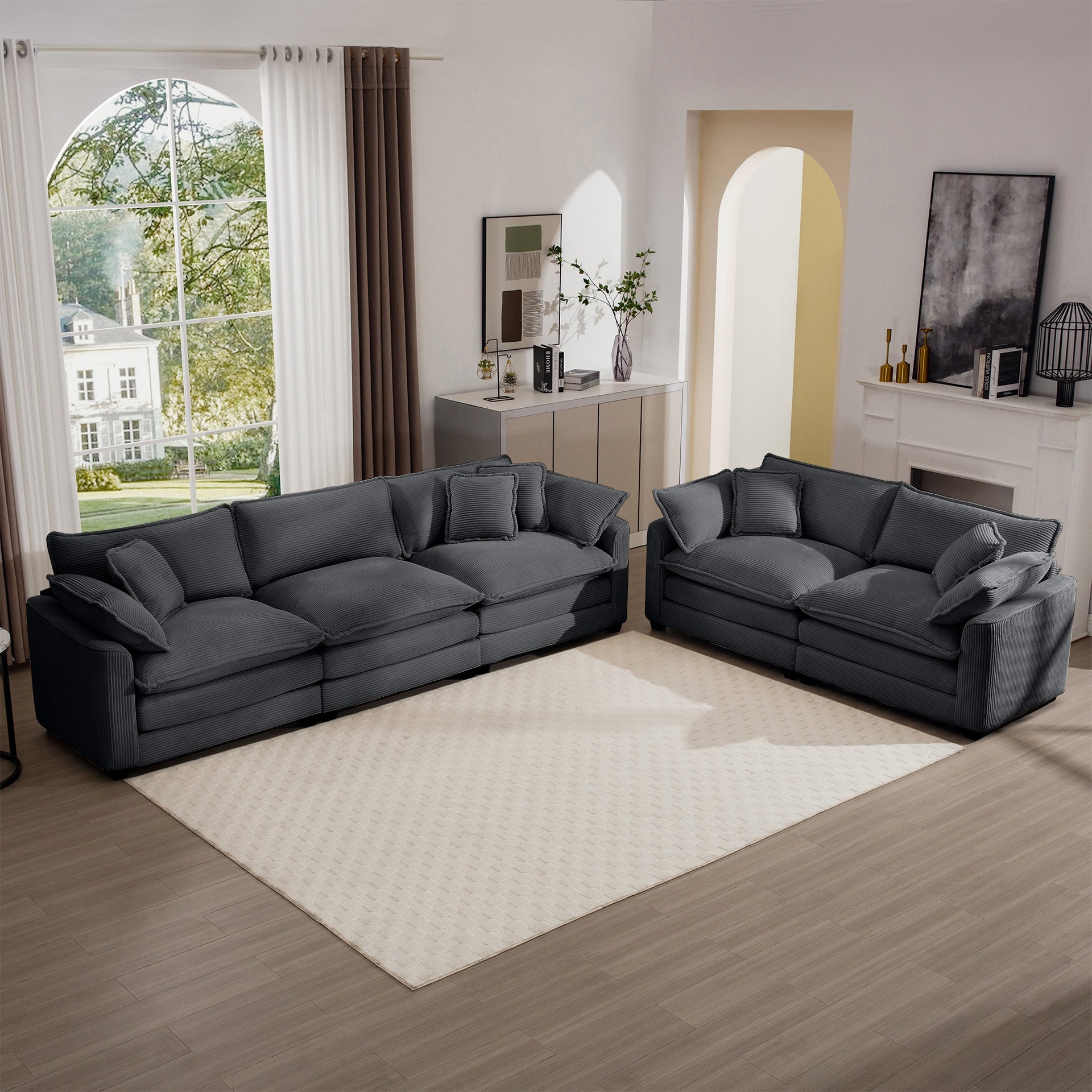 Modern Fabric Living Room Sofa Two Piece Set, Two 2-Seater Sofas with 8 Cushion Upholstery Large Deep Seat Recliner, Grey Corduroy Fabric