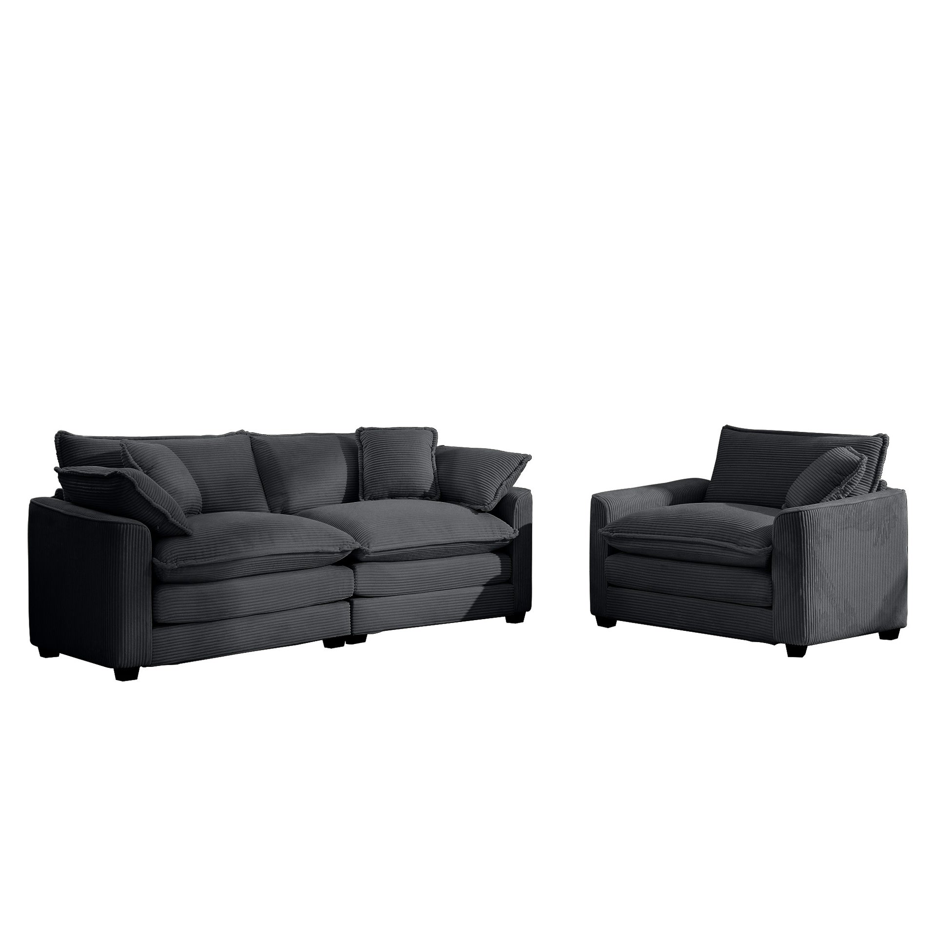 Modern Living Room Sofa Two-Piece Set, Suitable for Living room and Bedroom Sofa Set, Consists of a Single Seat and a 3-Seater Sofas, Grey Corduroy