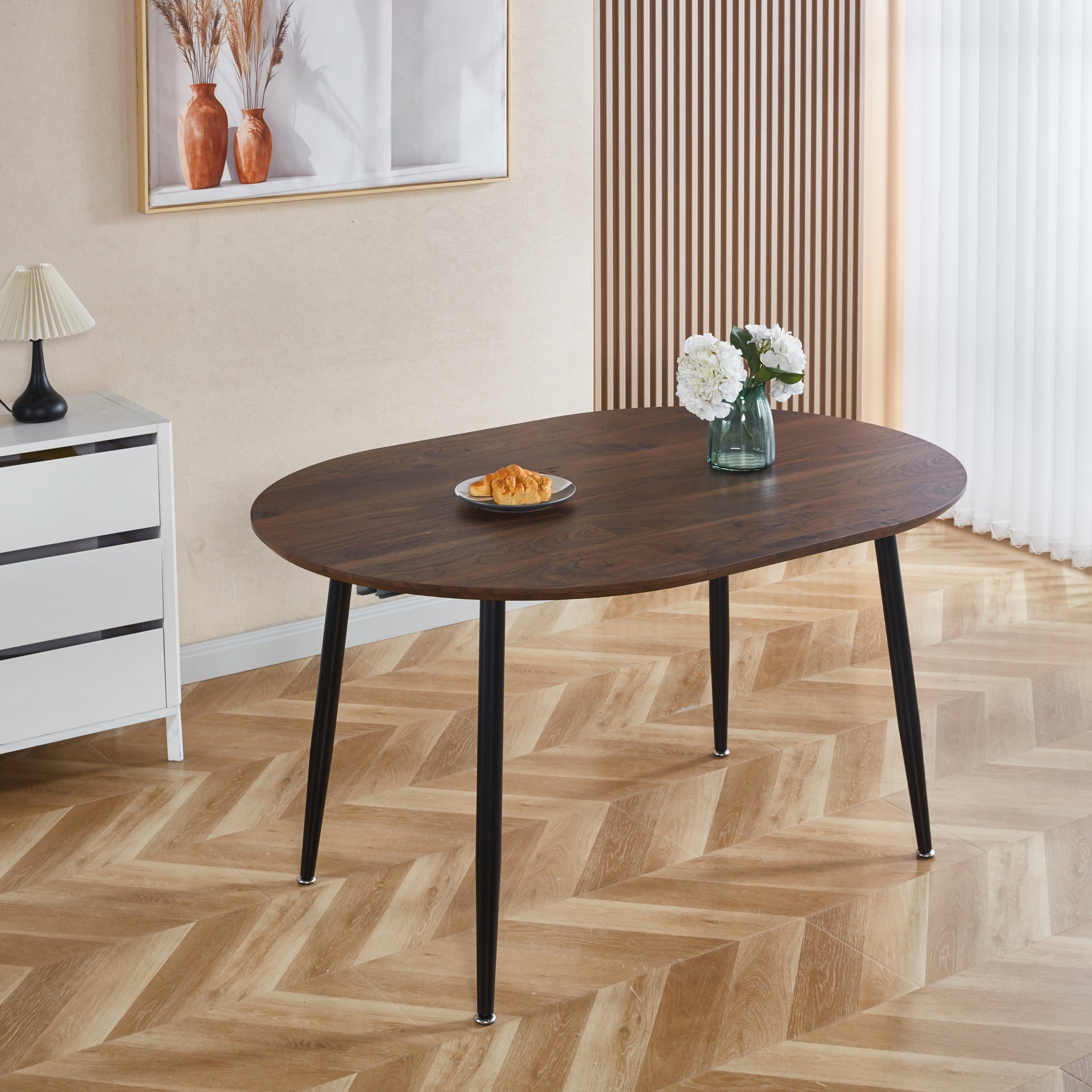 Extensible table,DINING TABLE,OFFICE TABLE,COFFEE TABLE,black metal leg,walnut color top,100/140/180x100x75cm