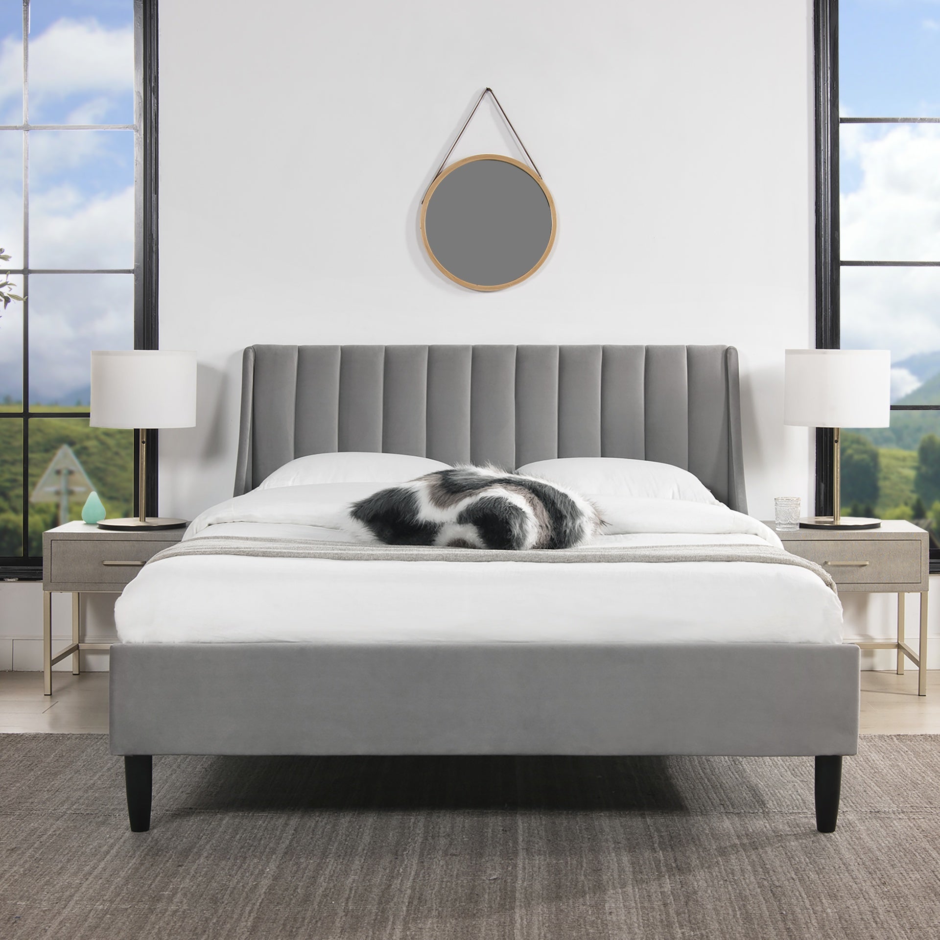 Aspen Vertical Tufted Modern Headboard Platform Bed Set, Queen, Opal Grey Velvet