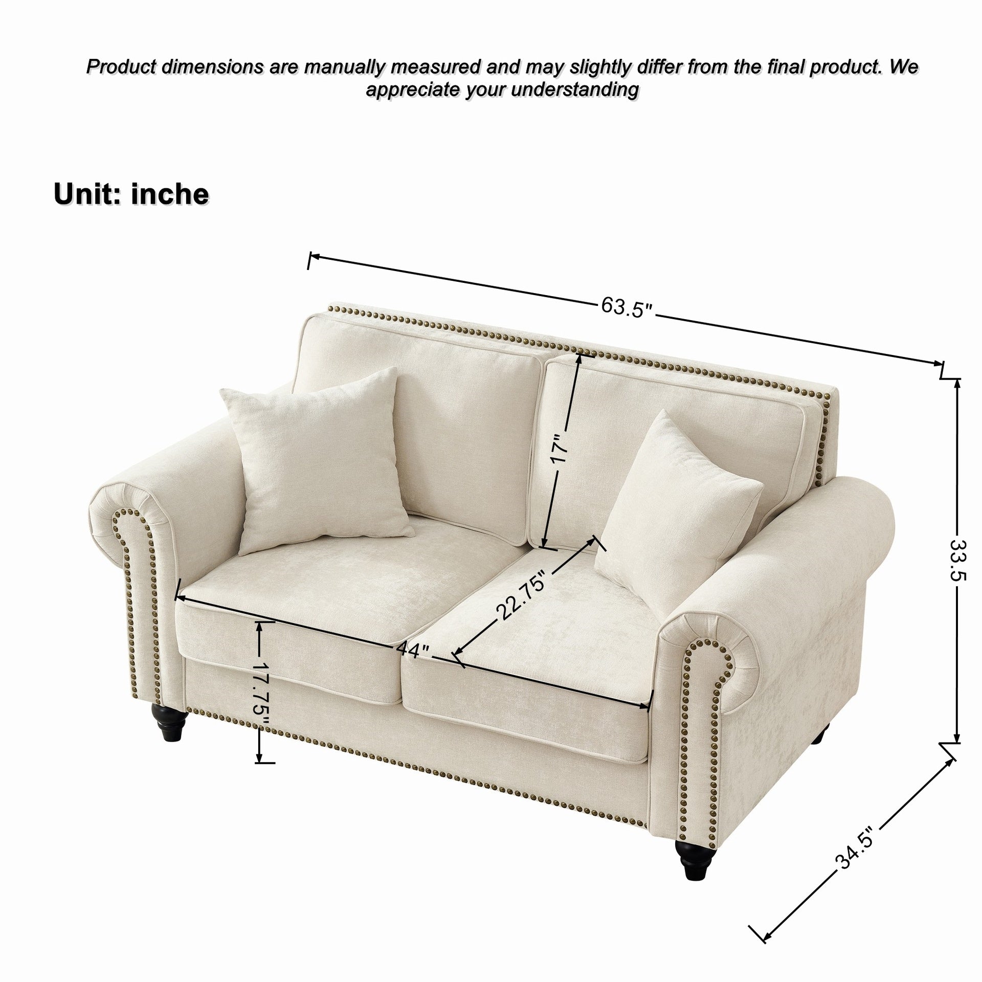63" Modern 2-Seater Sofa with Rolled Arms,Chenille Upholstered Couch with Wood Legs and Nailhead Trim for Living Room, Apartment,Beige