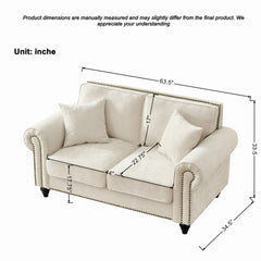 63" Modern 2-Seater Sofa with Rolled Arms,Chenille Upholstered Couch with Wood Legs and Nailhead Trim for Living Room, Apartment,Beige