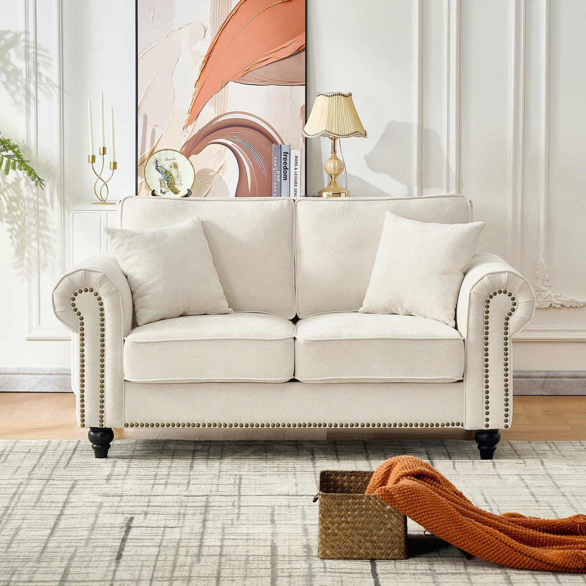 63" Modern 2-Seater Sofa with Rolled Arms,Chenille Upholstered Couch with Wood Legs and Nailhead Trim for Living Room, Apartment,Beige