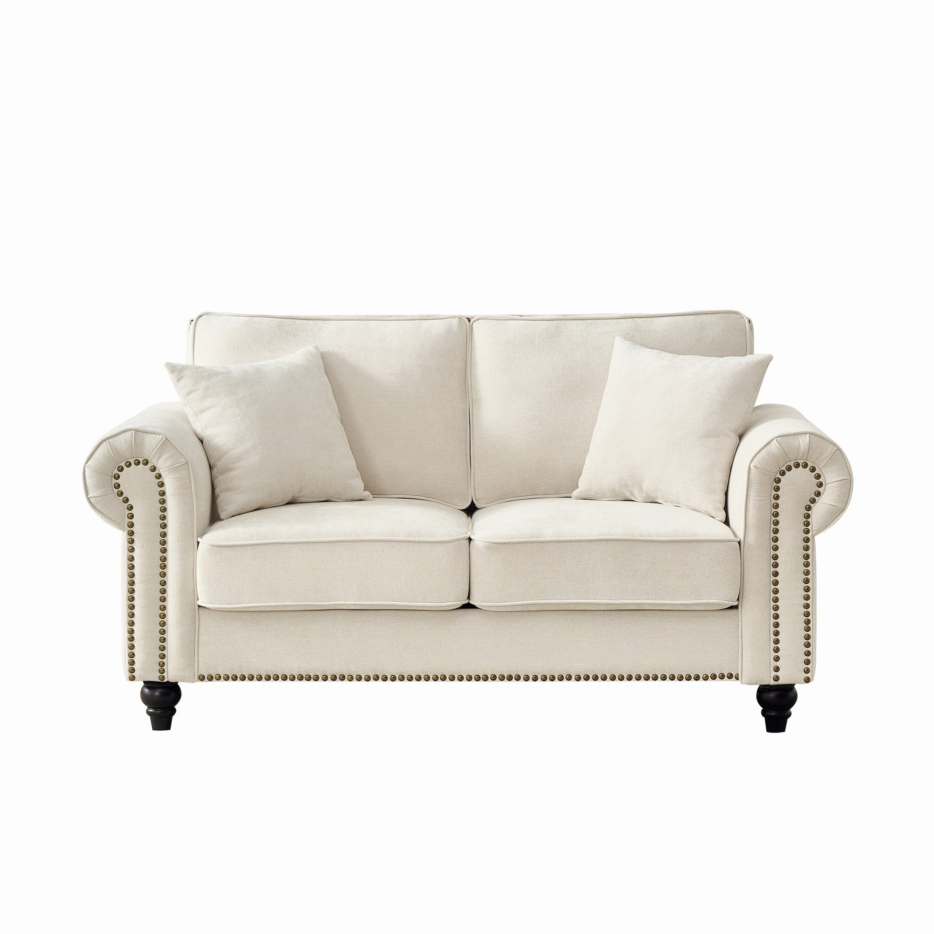 63" Modern 2-Seater Sofa with Rolled Arms,Chenille Upholstered Couch with Wood Legs and Nailhead Trim for Living Room, Apartment,Beige