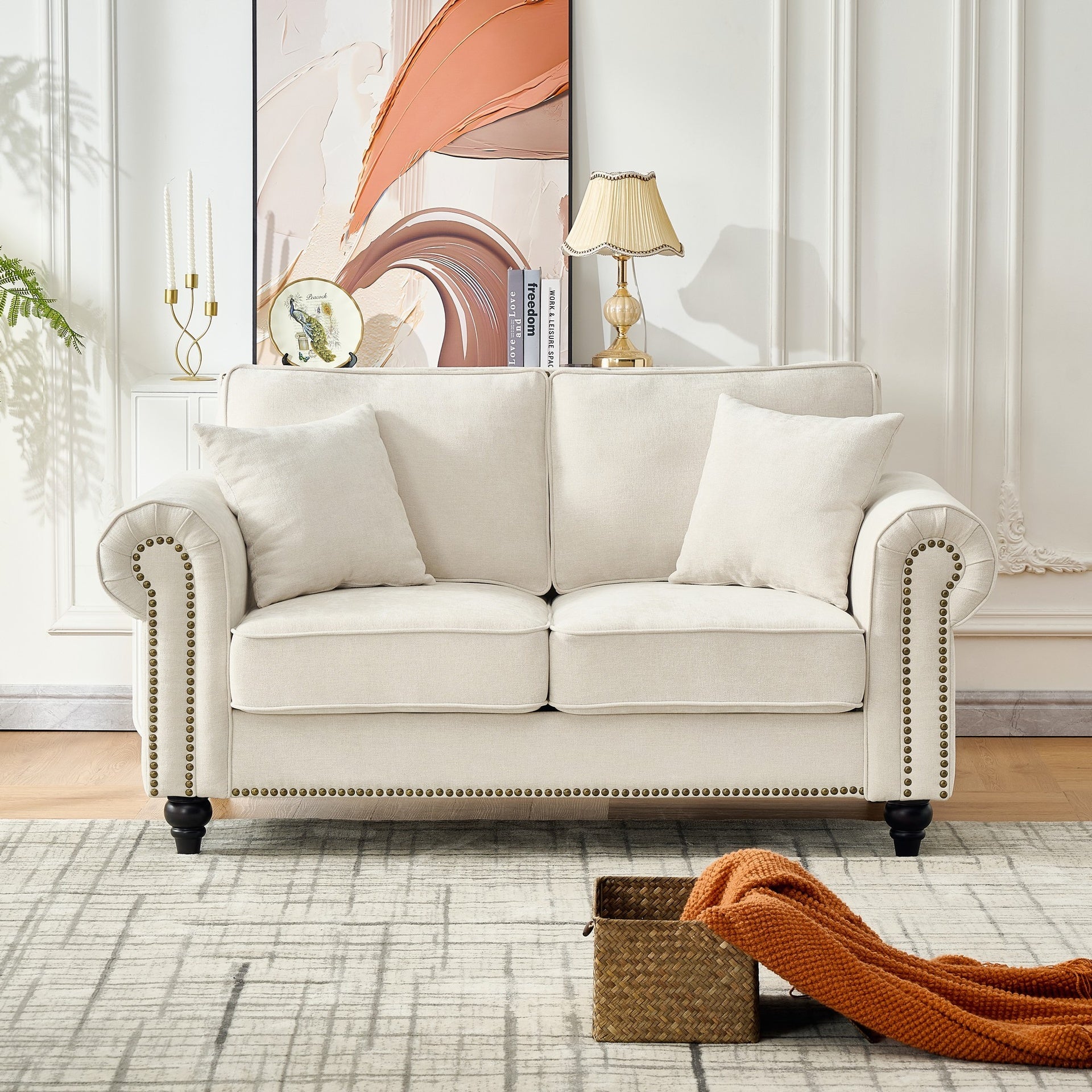 Modern 3+2 Seater Sofa with Rolled Arms,Chenille Upholstered Couch with Wood Legs and Nailhead Trim for Living Room, Apartment,Beige