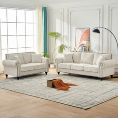 Modern 3+2 Seater Sofa with Rolled Arms,Chenille Upholstered Couch with Wood Legs and Nailhead Trim for Living Room, Apartment,Beige