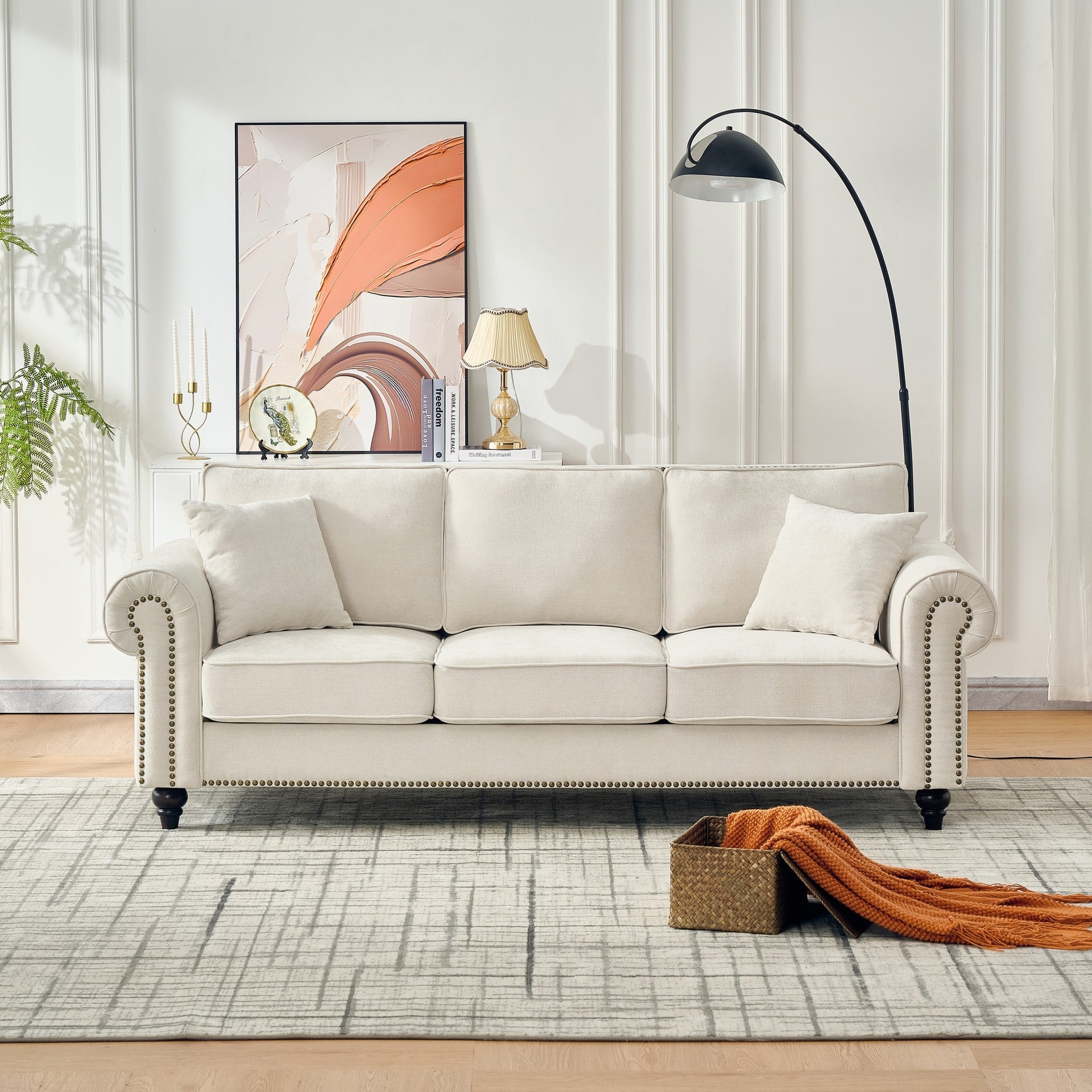 Modern 3+2 Seater Sofa with Rolled Arms,Chenille Upholstered Couch with Wood Legs and Nailhead Trim for Living Room, Apartment,Beige