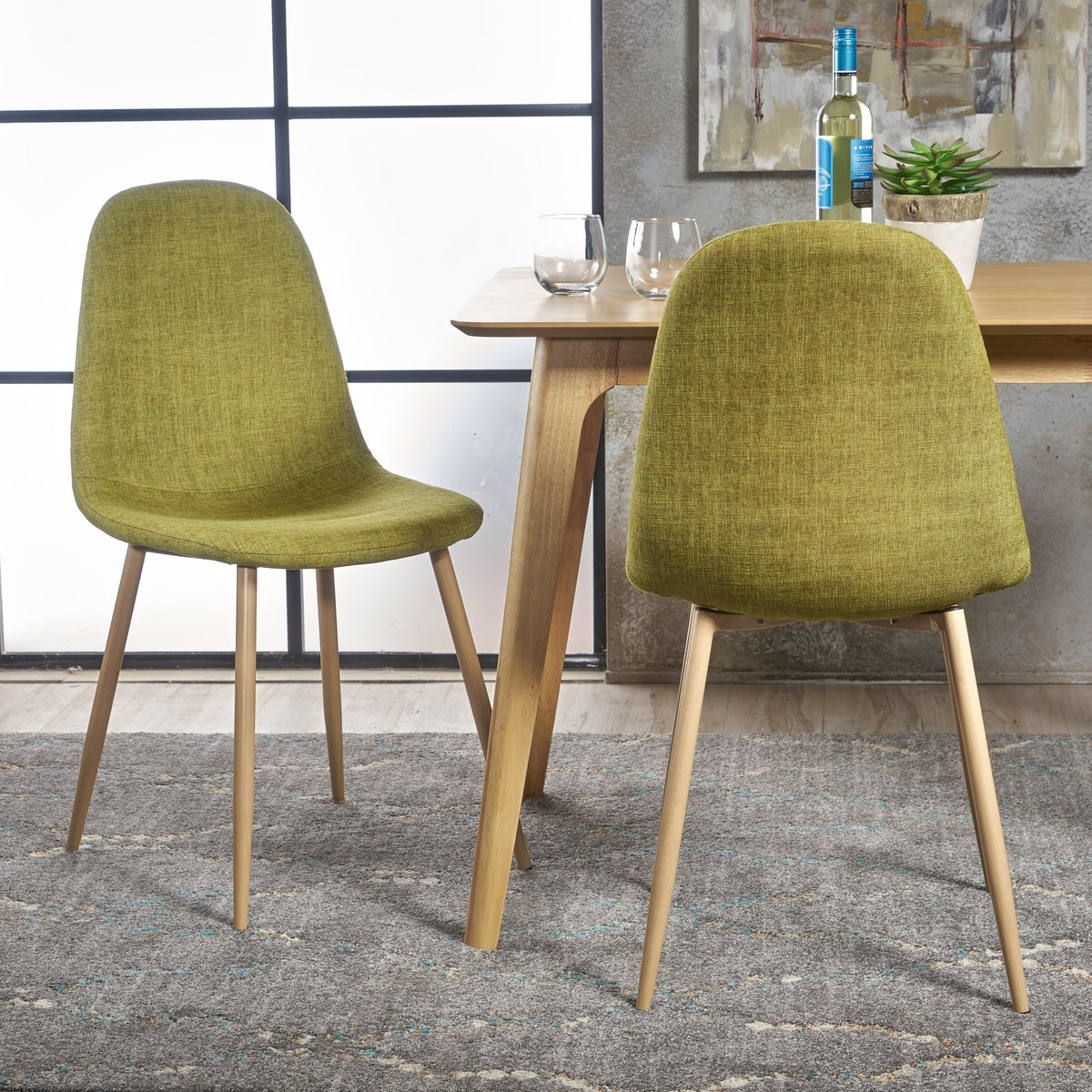 Mid-Century Modern Fabric Upholstered Dining Chairs, Set of 2, Green and Light Walnut Finish