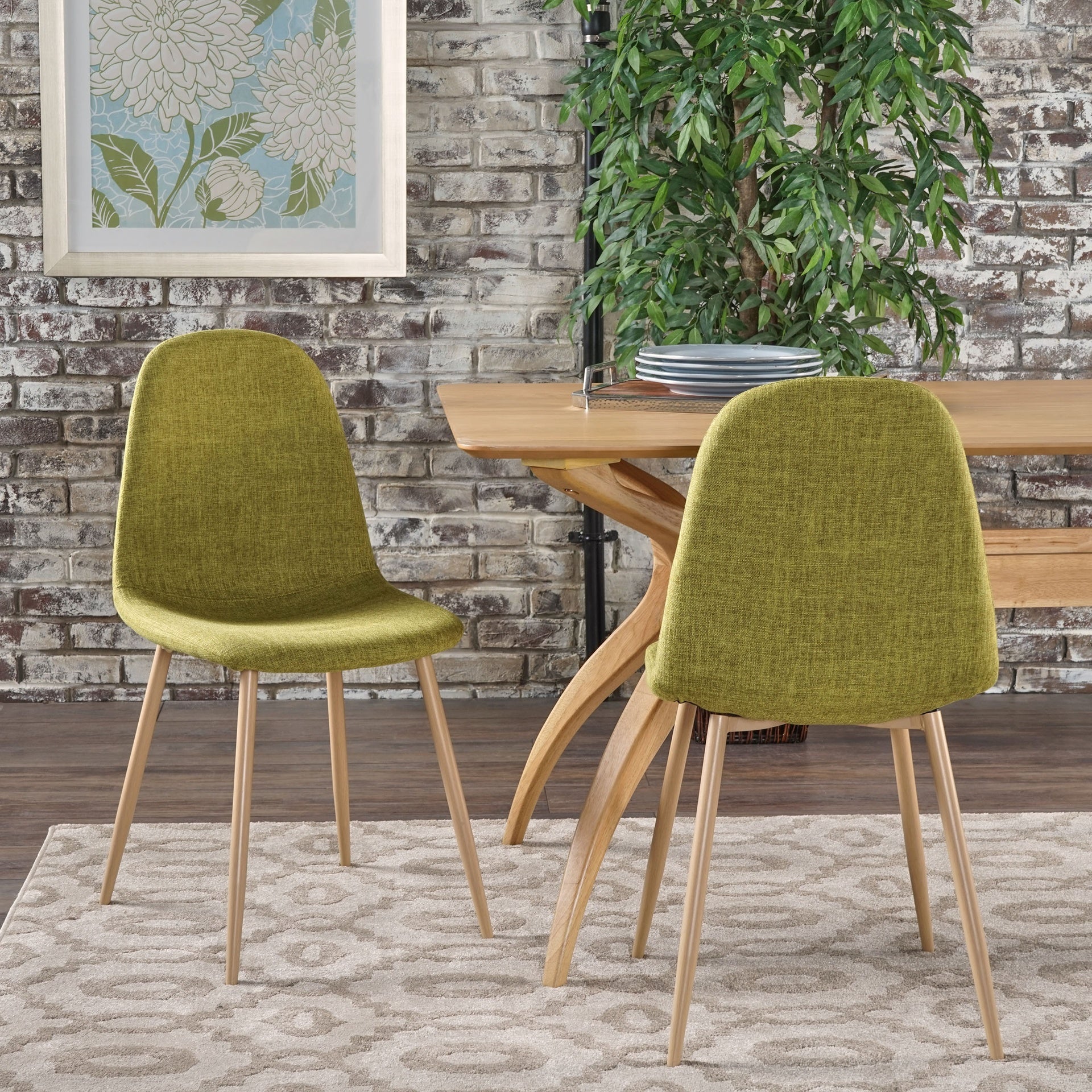 Mid-Century Modern Fabric Upholstered Dining Chairs, Set of 2, Green and Light Walnut Finish