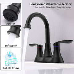 Bathroom Faucet Matte Black with Pop-up Drain & Supply Hoses 2-Handle 360 Degree High Arc Swivel Spout Centerset 6 Inch Vanity Sink Faucet 4011B-MB