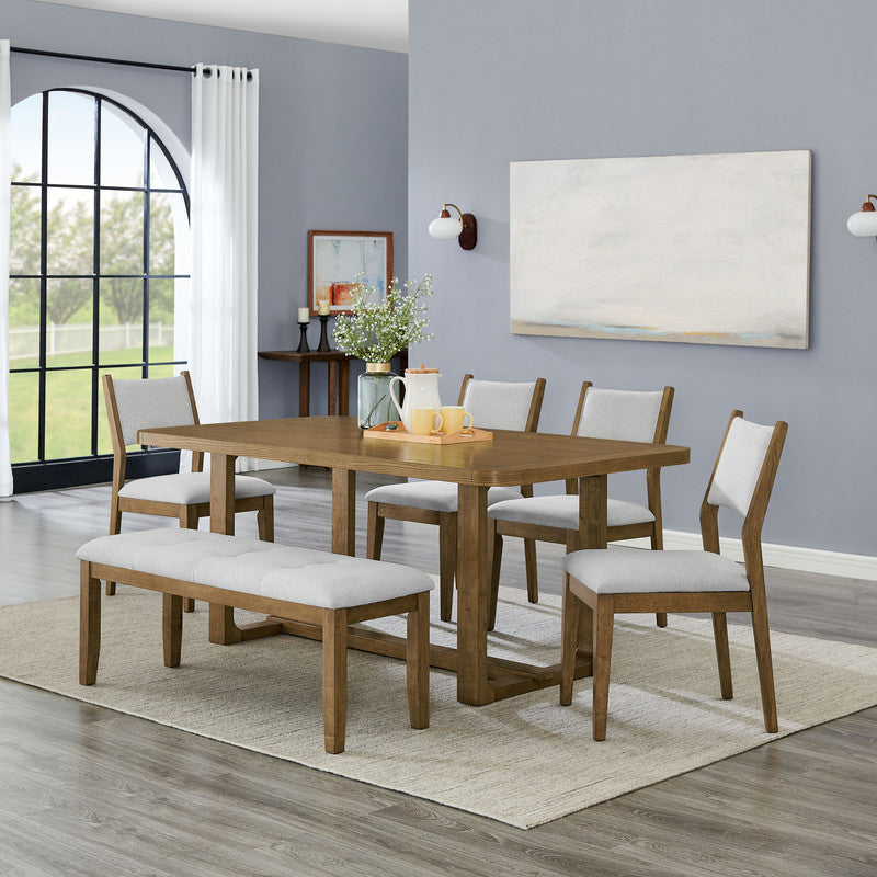 Dafne 6Pc 72" Rectangular Walnut Oak Finish Sled Dining Set with Bench