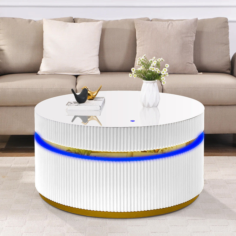 Tivoli 39" Round White Coffee Table with Glass Top and LED Lights
