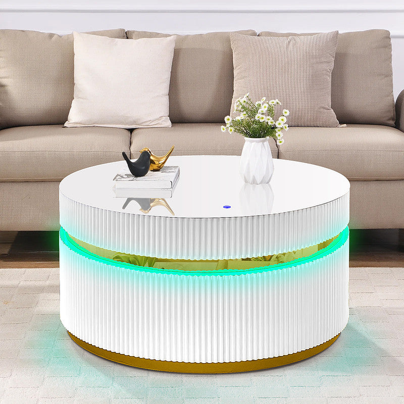Tivoli 39" Round White Coffee Table with Glass Top and LED Lights