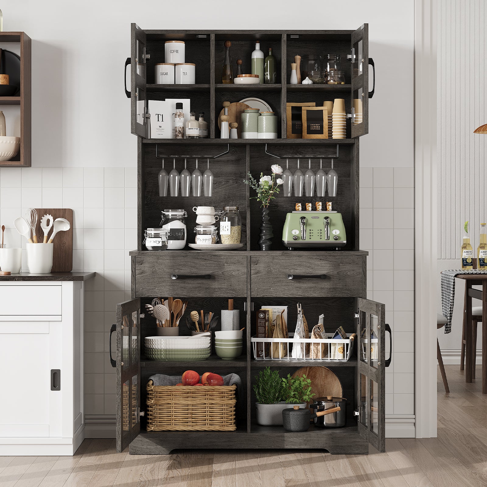 Pantry Cabinet for Living Room, 71" Farmhouse Wooden Microwave Stand Hutch with Storage, Charging Station and Wine Racks, Oak Gray