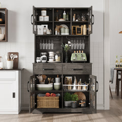 Pantry Cabinet for Living Room, 71" Farmhouse Wooden Microwave Stand Hutch with Storage, Charging Station and Wine Racks, Oak Gray