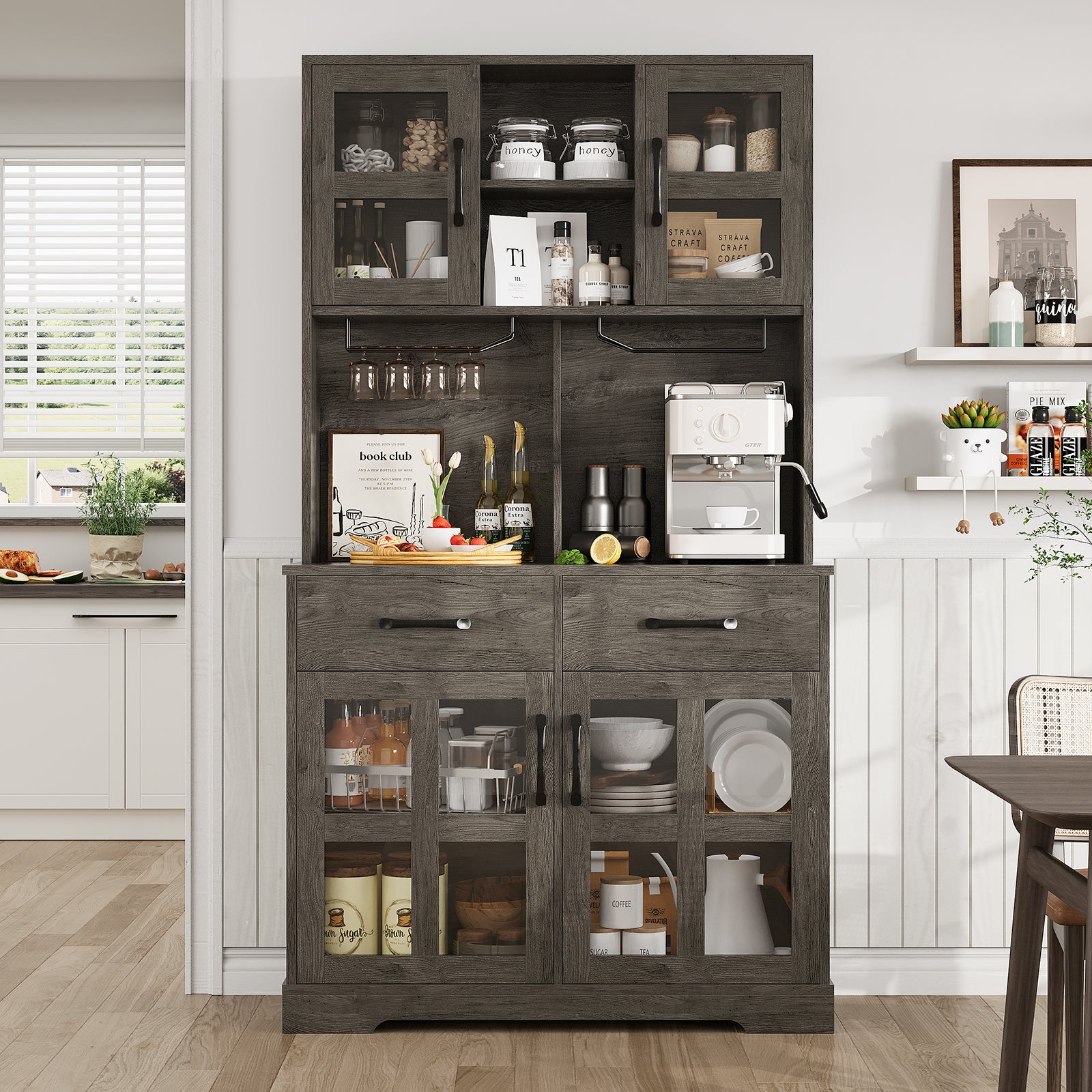 Pantry Cabinet for Living Room, 71" Farmhouse Wooden Microwave Stand Hutch with Storage, Charging Station and Wine Racks, Oak Gray