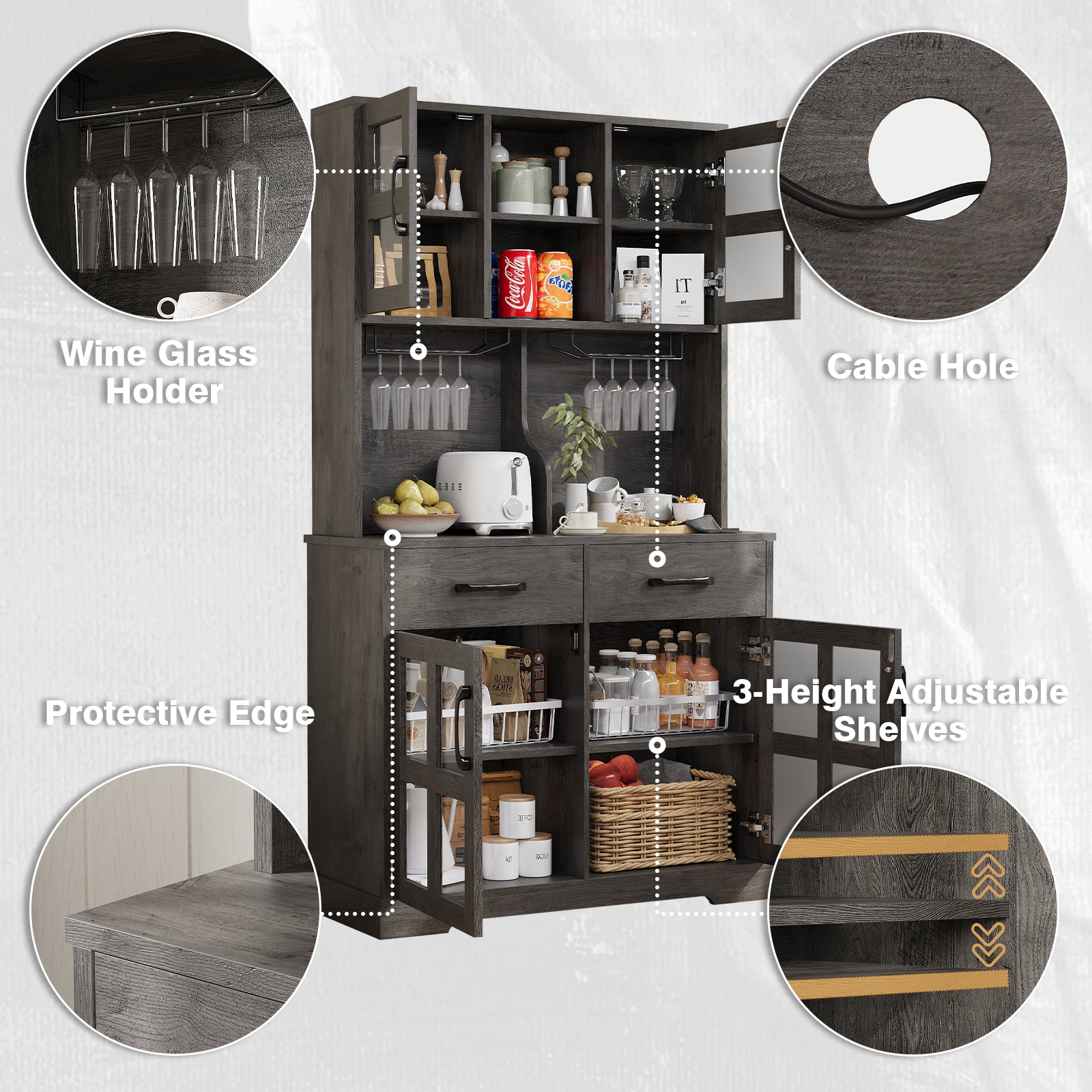 Pantry Cabinet for Living Room, 71" Farmhouse Wooden Microwave Stand Hutch with Storage, Charging Station and Wine Racks, Oak Gray