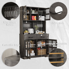 Pantry Cabinet for Living Room, 71" Farmhouse Wooden Microwave Stand Hutch with Storage, Charging Station and Wine Racks, Oak Gray