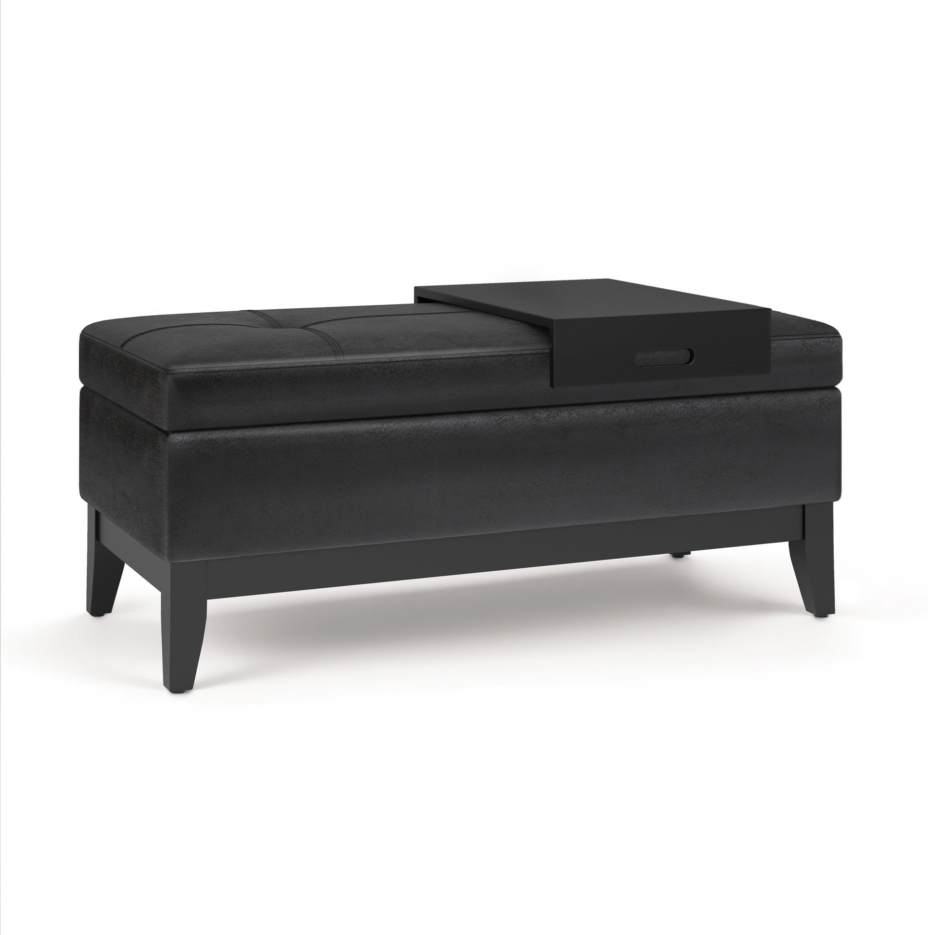 Oregon 42 inch Wide Storage Ottoman Bench with Tray in Distressed Black Vegan Leather