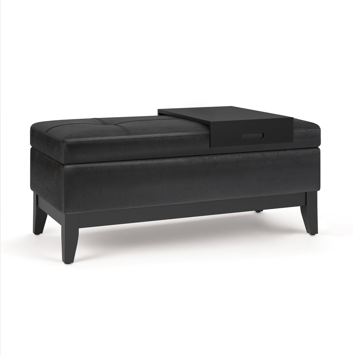 Oregon 42 inch Wide Storage Ottoman Bench with Tray in Distressed Black Vegan Leather