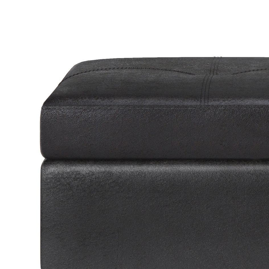 Oregon 42 inch Wide Storage Ottoman Bench with Tray in Distressed Black Vegan Leather