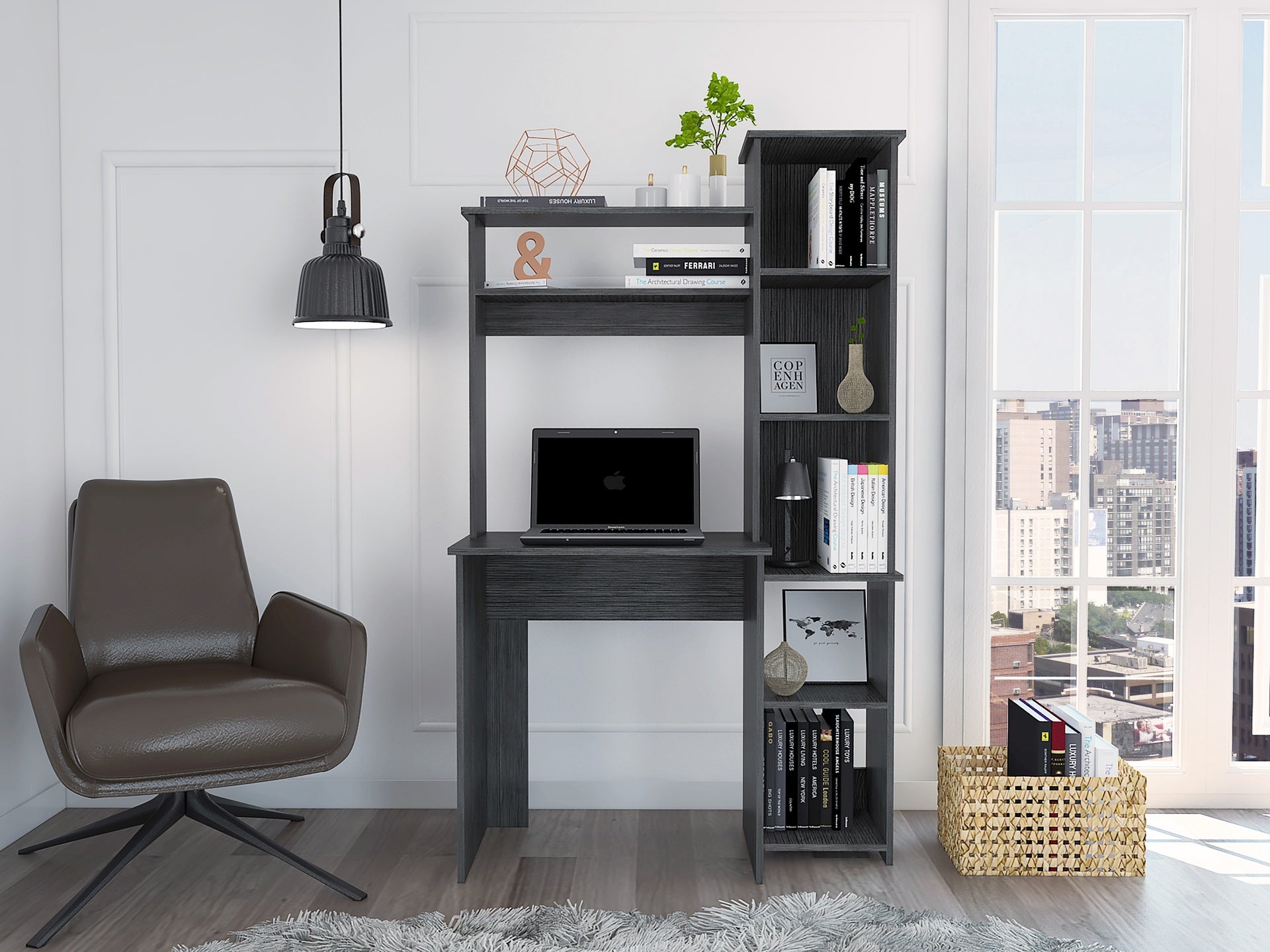 Versalles Writintg Desk, Two Superior Shelves, Five Cubbies -Smokey Oak