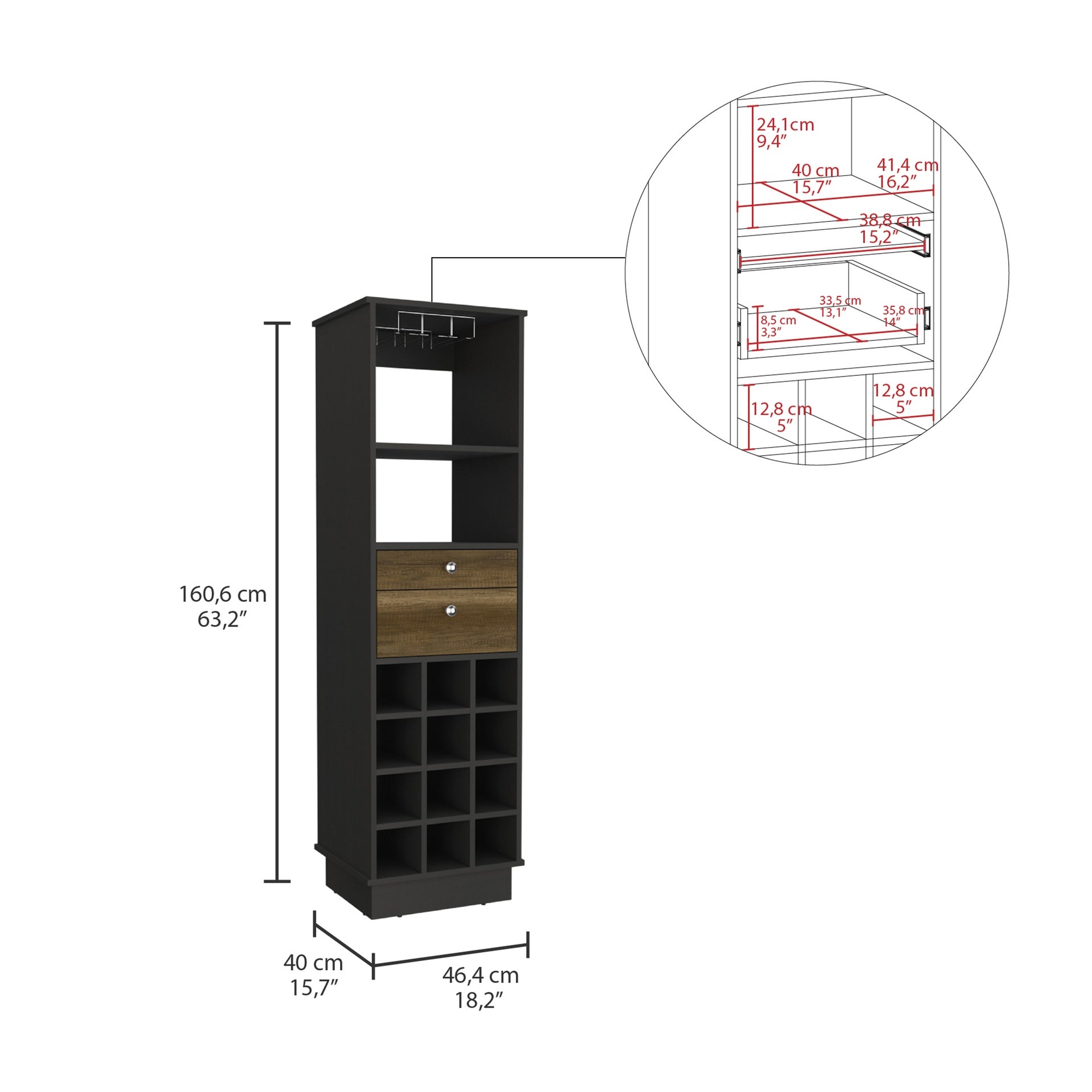 Classic Bar Cabinet, Two Drawers, Twelve Built-in Wine Rack-Black / Walnut