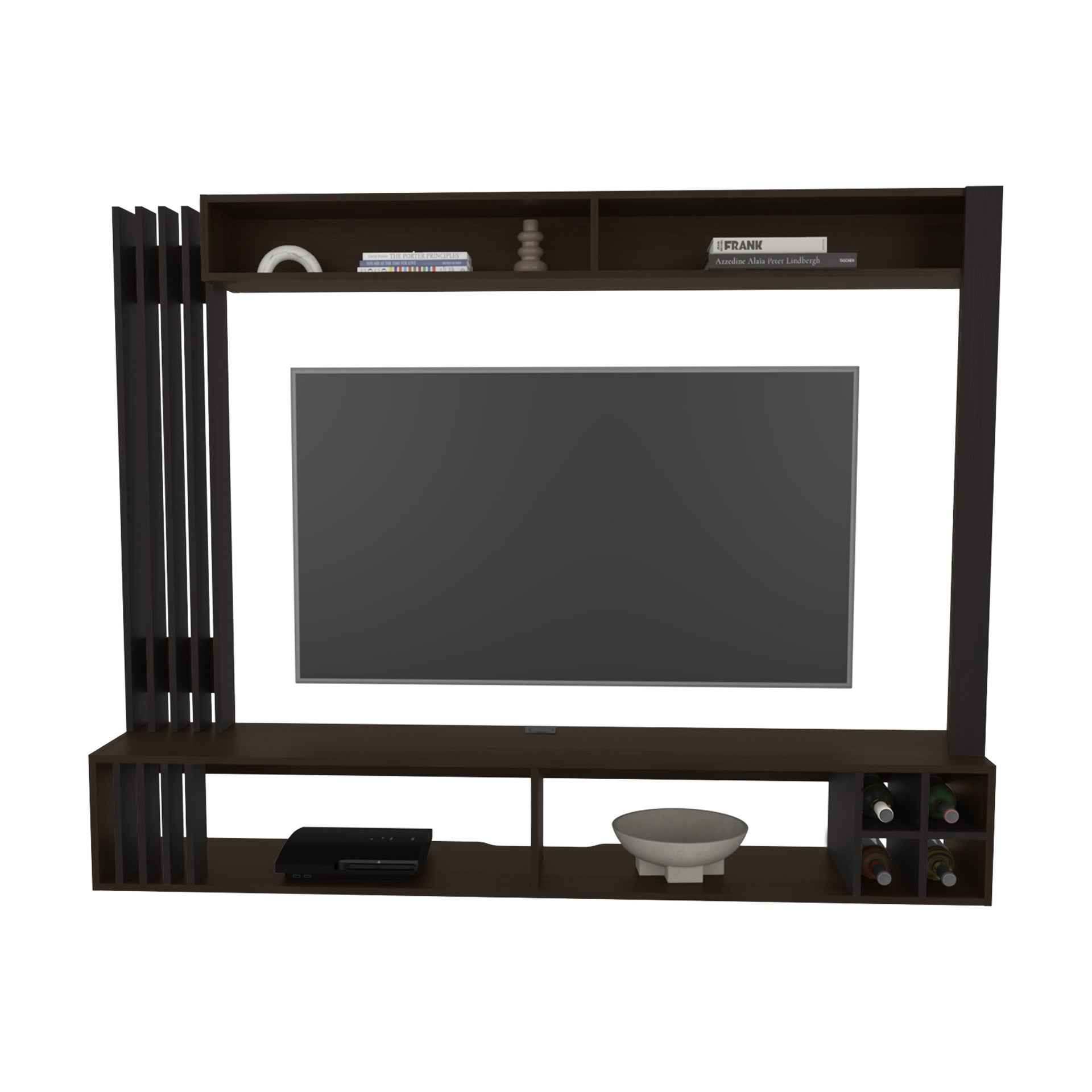 Bremmen Entertainment Center With Open Shelves, Tv Panel And Storage Compartment For Living Room or Bedroom, Stained Walnut