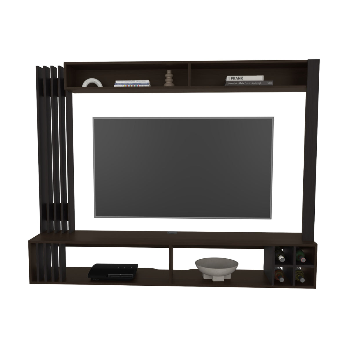 Bremmen Entertainment Center With Open Shelves, Tv Panel And Storage Compartment For Living Room or Bedroom, Stained Walnut