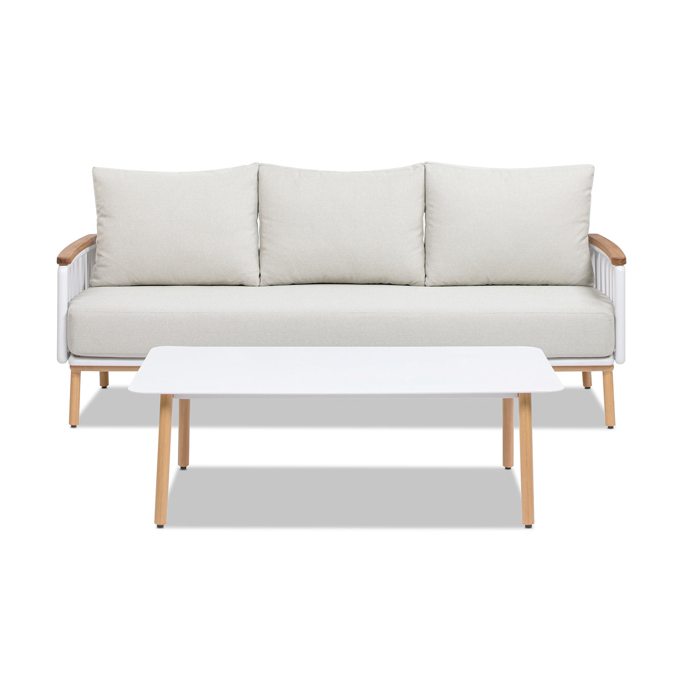 Calarono 2pc Teak & Aluminium Outdoor Sofa and Coffee Table Patio Set Sand Dune Chenille