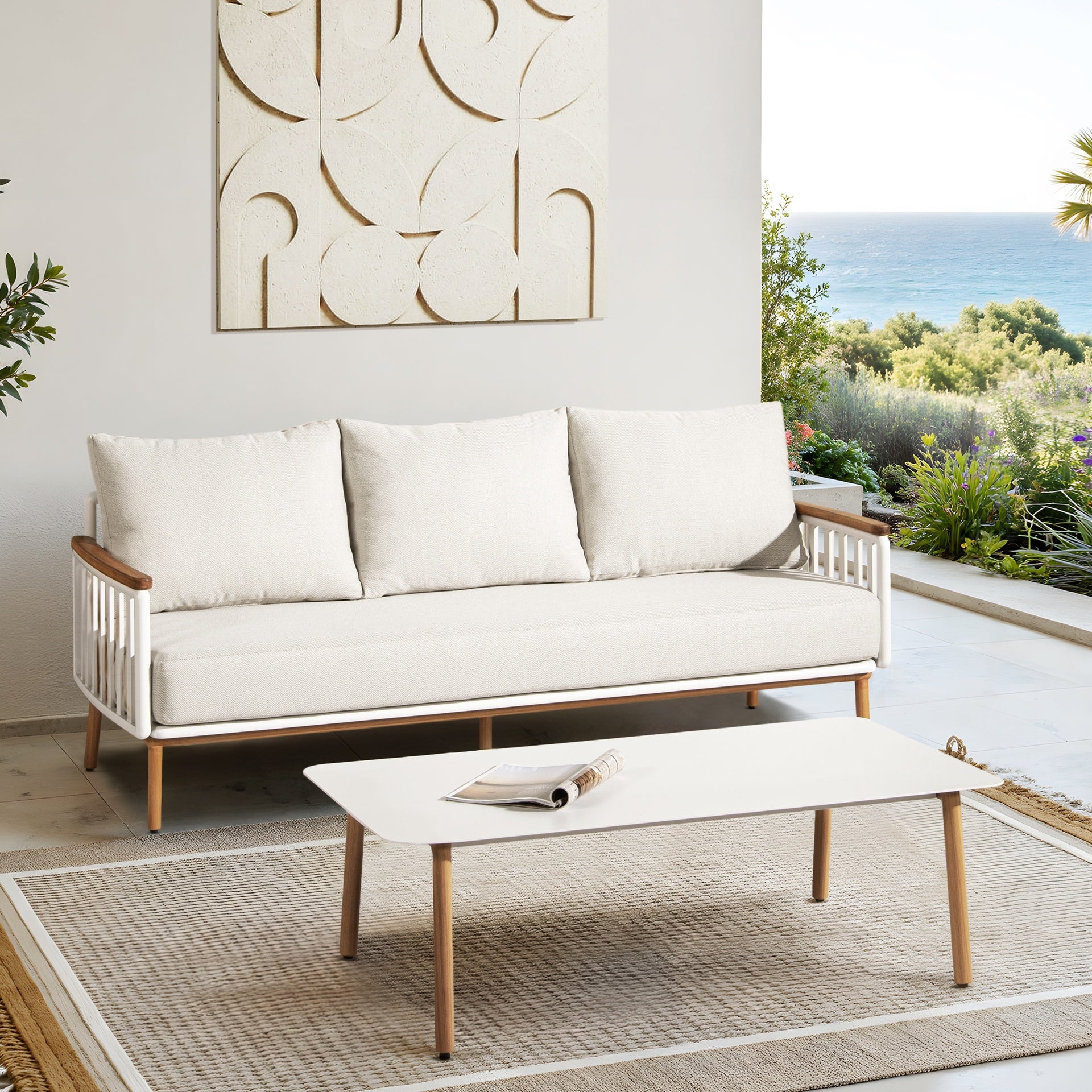 Calarono 2pc Teak & Aluminium Outdoor Sofa and Coffee Table Patio Set Sand Dune Chenille