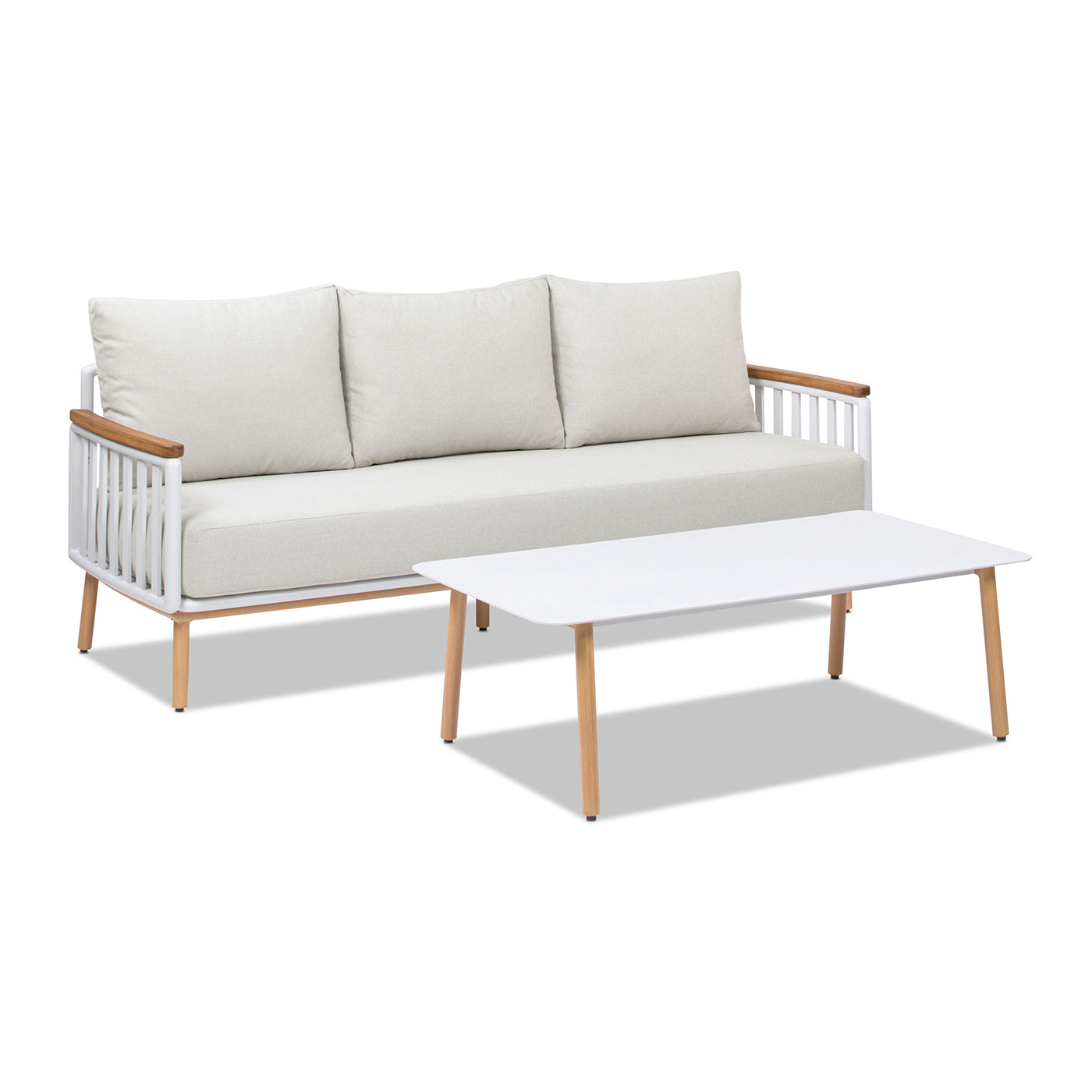 Calarono 2pc Teak & Aluminium Outdoor Sofa and Coffee Table Patio Set Sand Dune Chenille