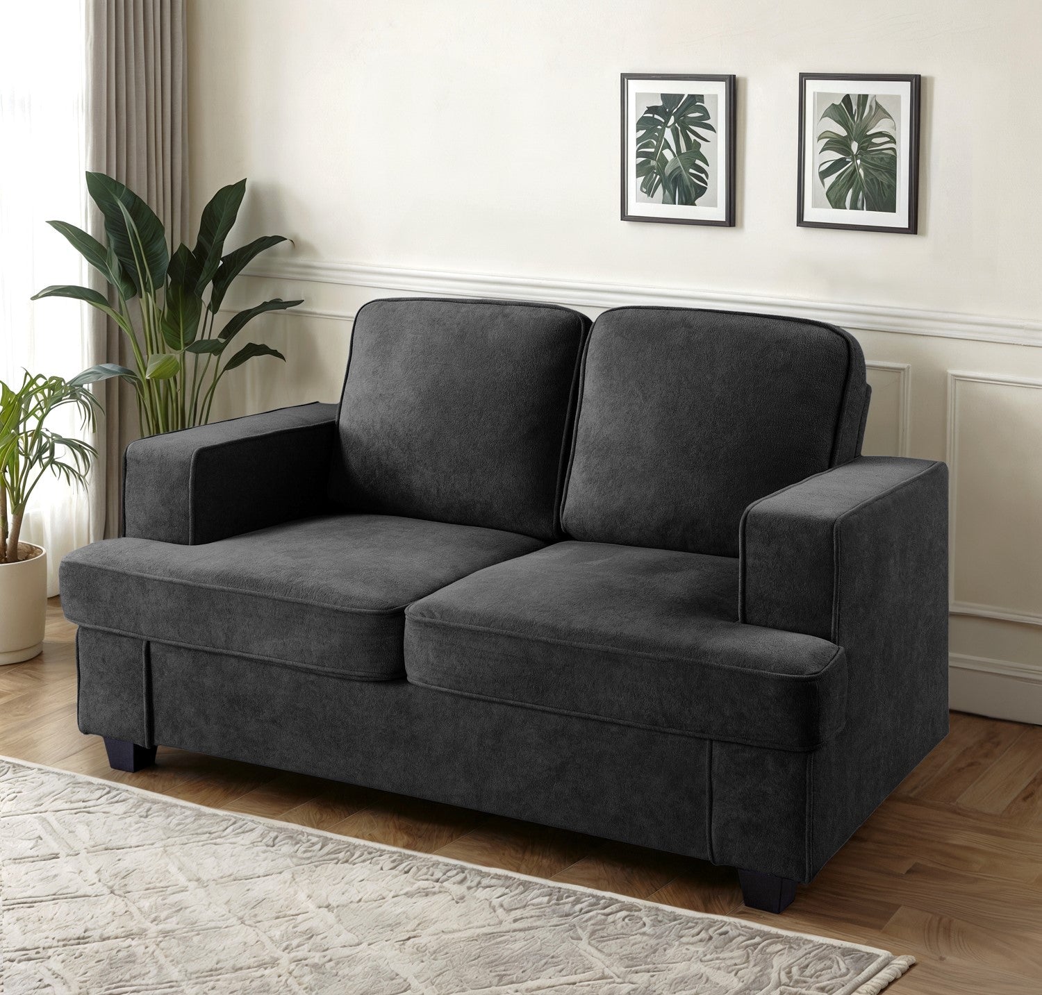 Modern Velvet Loveseat, Comfortable 2 Seater Couch with Deep Seating and High-Density Foam, Loose Back Cushions, Wide Arms, Living Room Furniture for Home, Apartment, Office, Black
