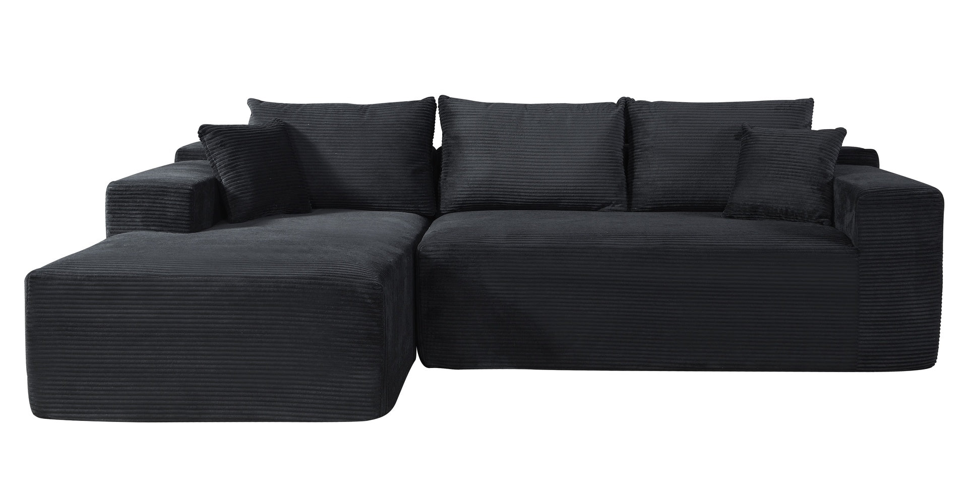2-Piece Convertible Corduroy L-Shaped Sofa in a Box with Pillows, 3-Seater Modular Sectional Couch, Compressed Living Room Furniture, Black (Left Facing)