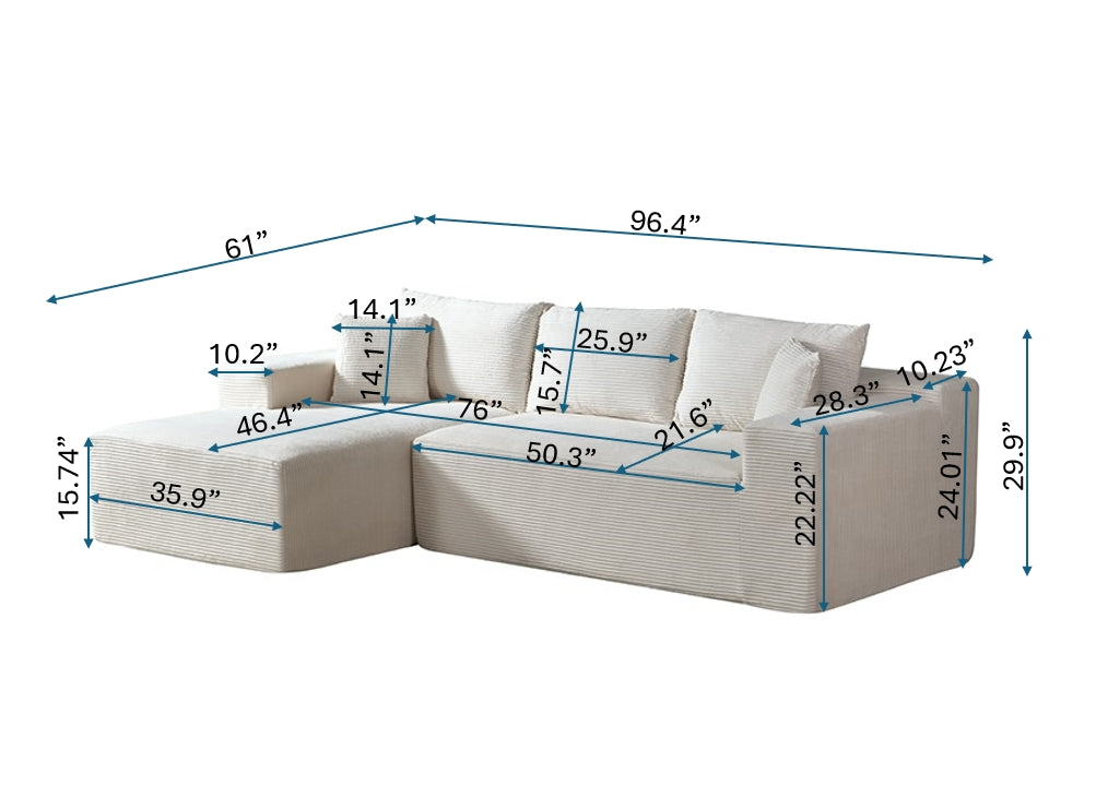 2-Piece Convertible Corduroy L-Shaped Sofa in a Box with Pillows, 3-Seater Modular Sectional Couch, Compressed Living Room Furniture, Black (Left Facing)