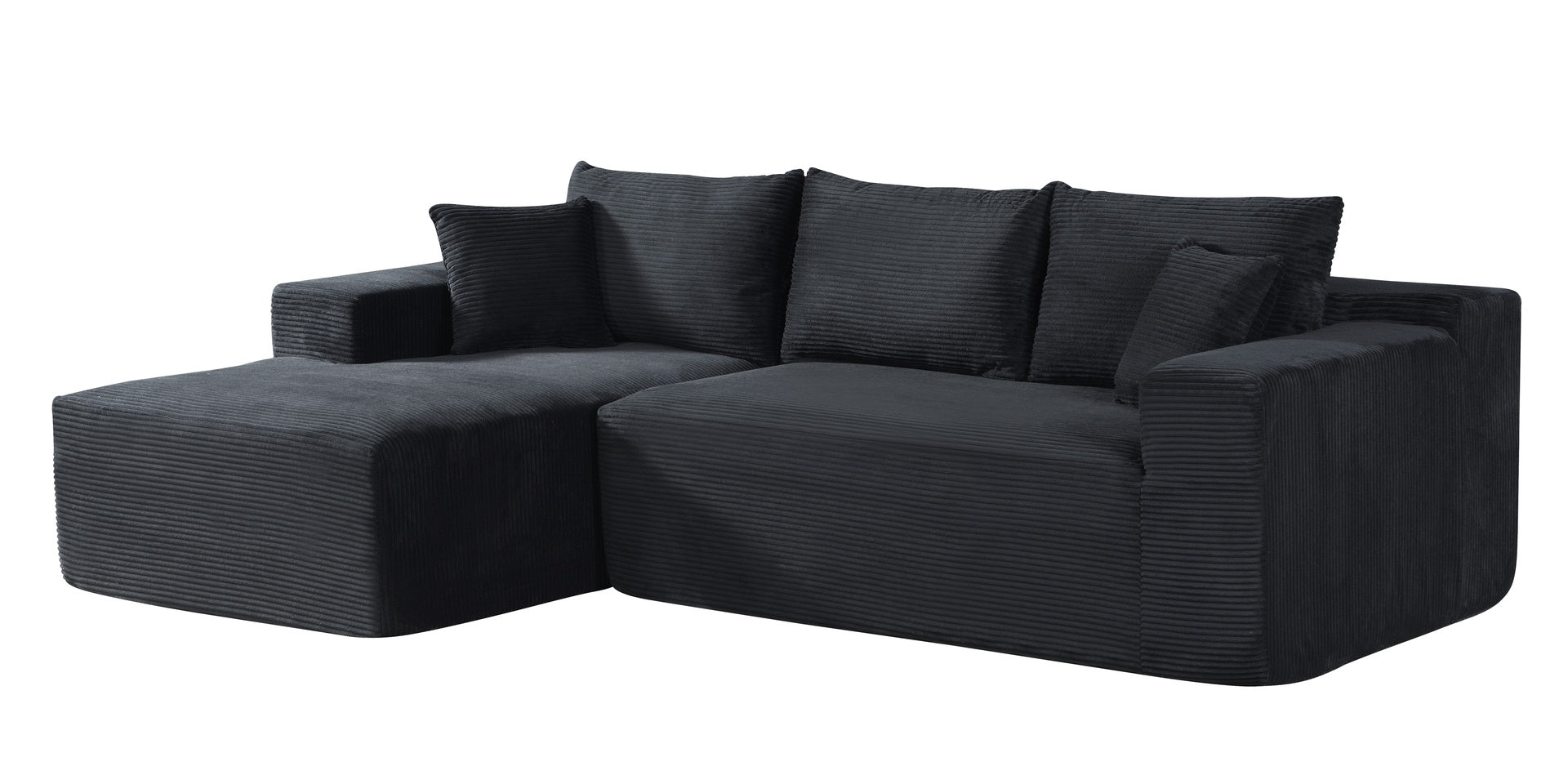 2-Piece Convertible Corduroy L-Shaped Sofa in a Box with Pillows, 3-Seater Modular Sectional Couch, Compressed Living Room Furniture, Black (Left Facing)