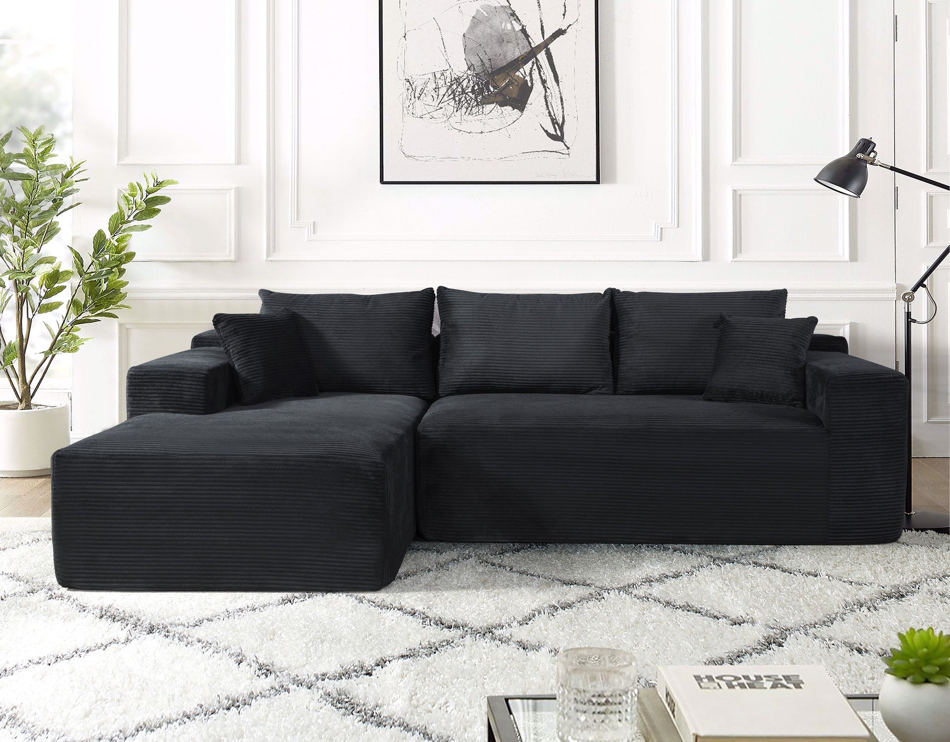 2-Piece Convertible Corduroy L-Shaped Sofa in a Box with Pillows, 3-Seater Modular Sectional Couch, Compressed Living Room Furniture, Black (Left Facing)